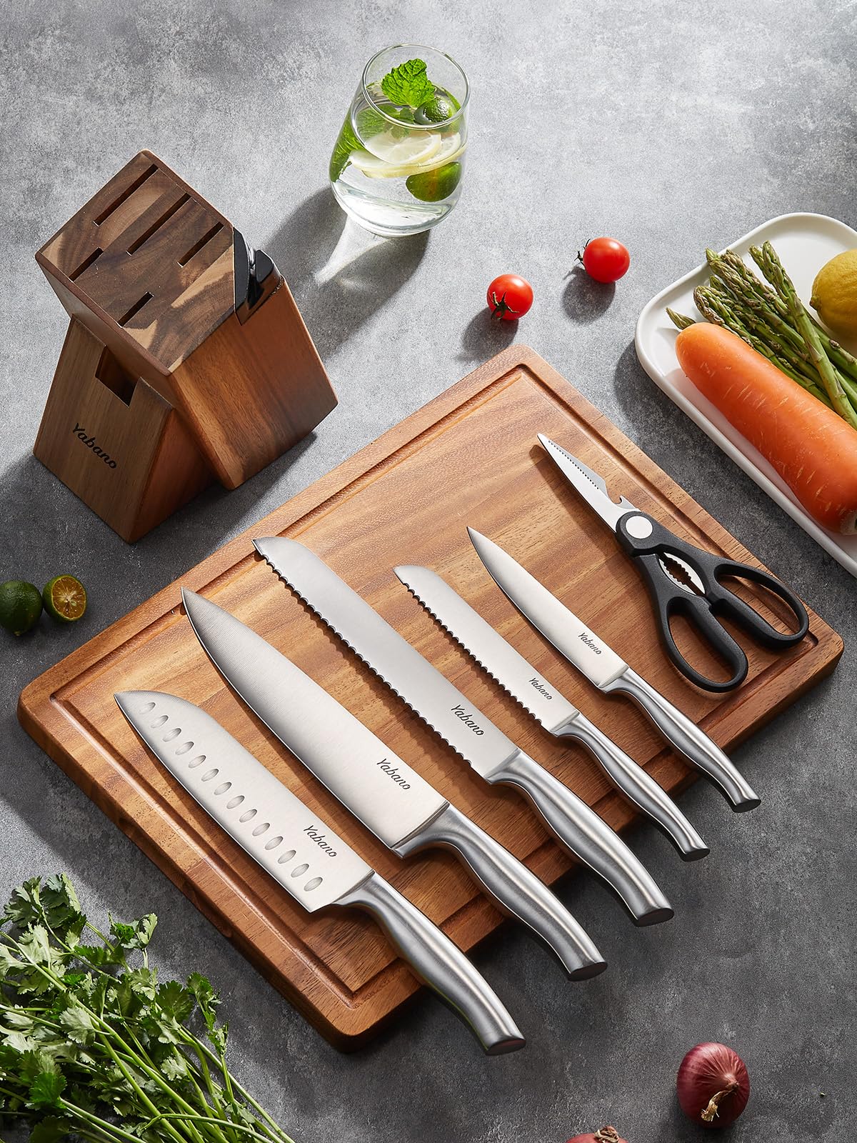 Yabano Couteaux de Cuisine, 7 pièces Bloc de Couteaux en Acier Inoxydable Allemand avec Aiguiseur Intégré, Ensemble de Couteaux avec Ciseaux et Bloc, Couteaux Professionnels pour la C