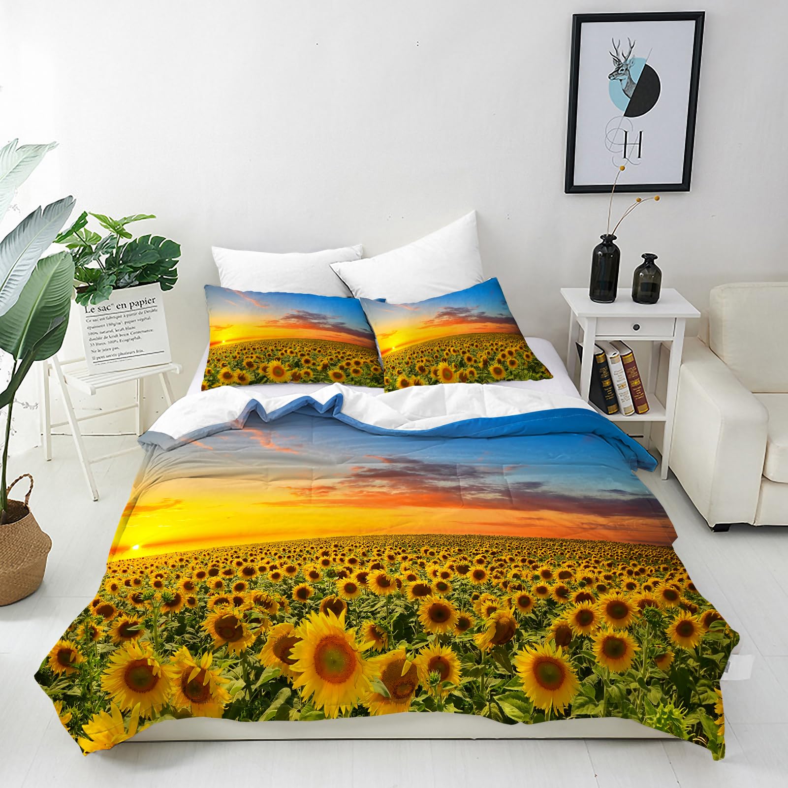 ANHOPE Sunflower Duvet Cover Set Soft Comforter Cover Set Sunset Yellow Flower Field Print Pattern 3 Piece Bedding Set including Pillowcase All Season Quilt Cover with Zipper for Kids Adults Double Size