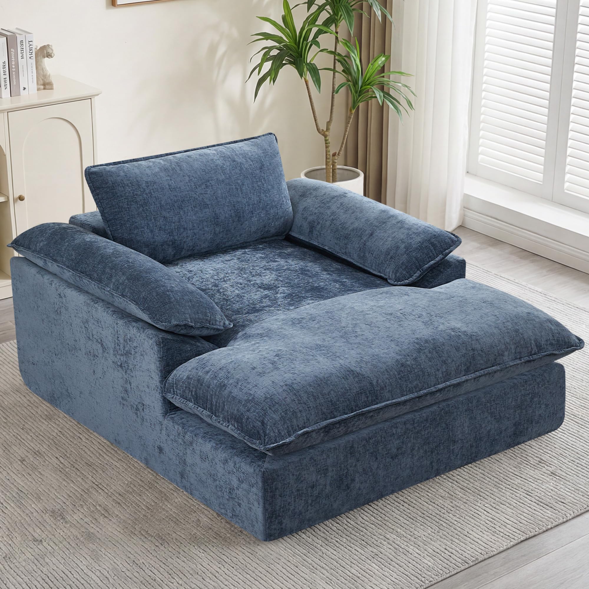 HUBSON 69" Oversized Boneless Chaise Lounge Chair Indoor, Comfy Deep Seat Sleeper Lounge Couch, Upholstered Chenille Cloud Chairs for Living Room, Bedroom, Apartment, No Assembly Required, Blue