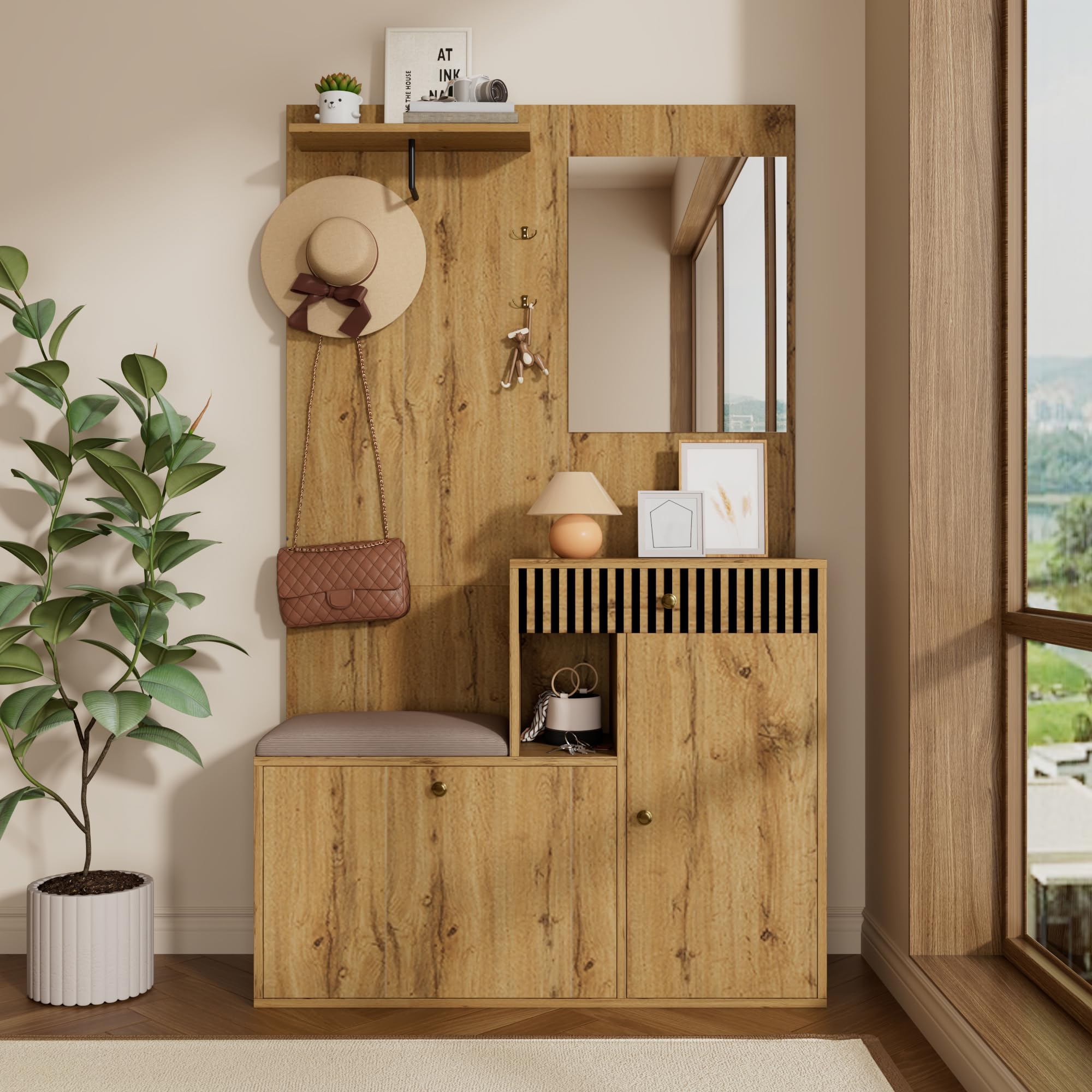 Juego de perchero con espejo y zapatero, perchero compacto para pasillo y pasillo, 110 x 37 x 185,5 cm (negro y natural)