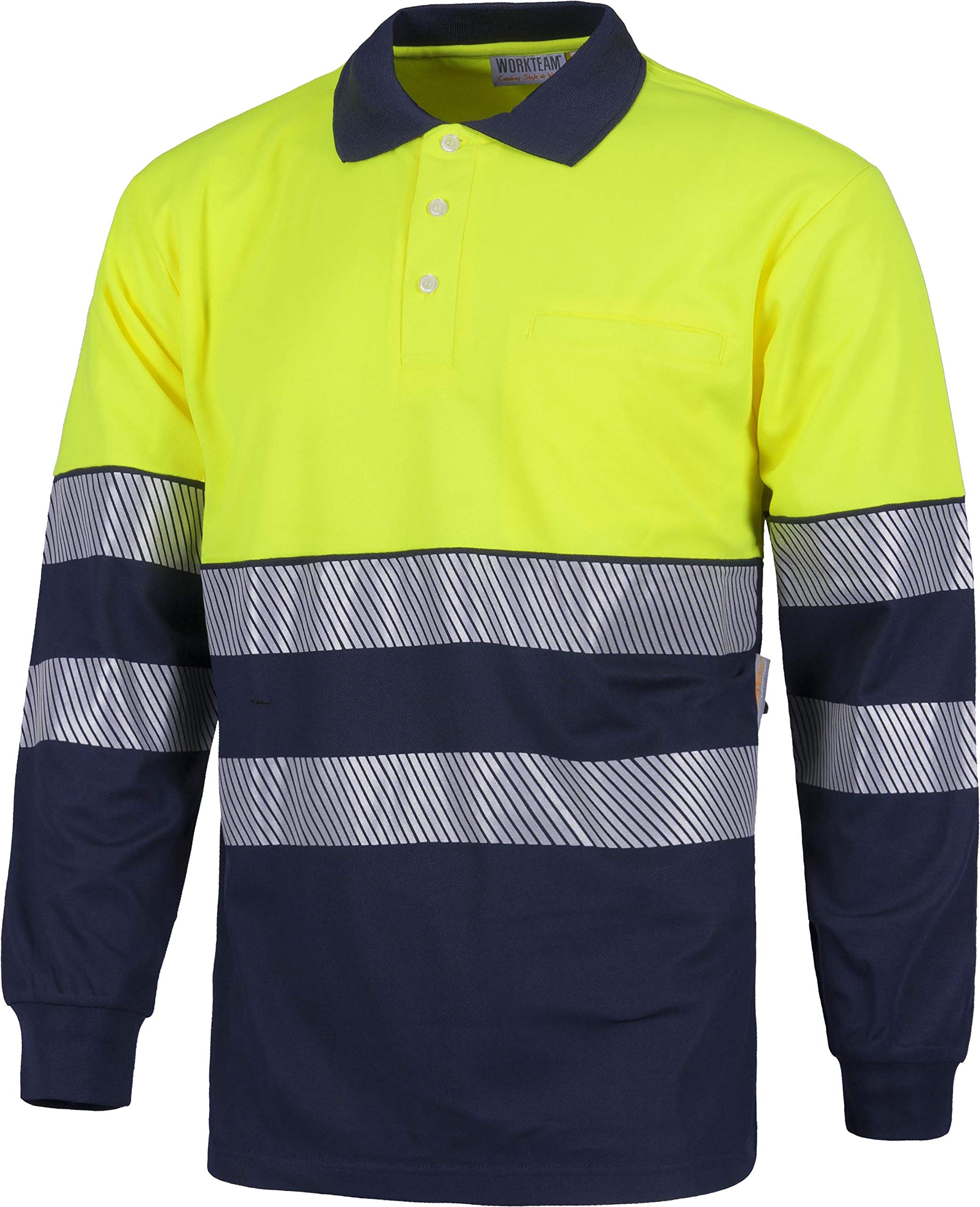 Work Team Polo Manga Larga perchado, Combinado Alta Visibilidad Cintas Reflectantes discontinuas EN ISO 20471 Hombre