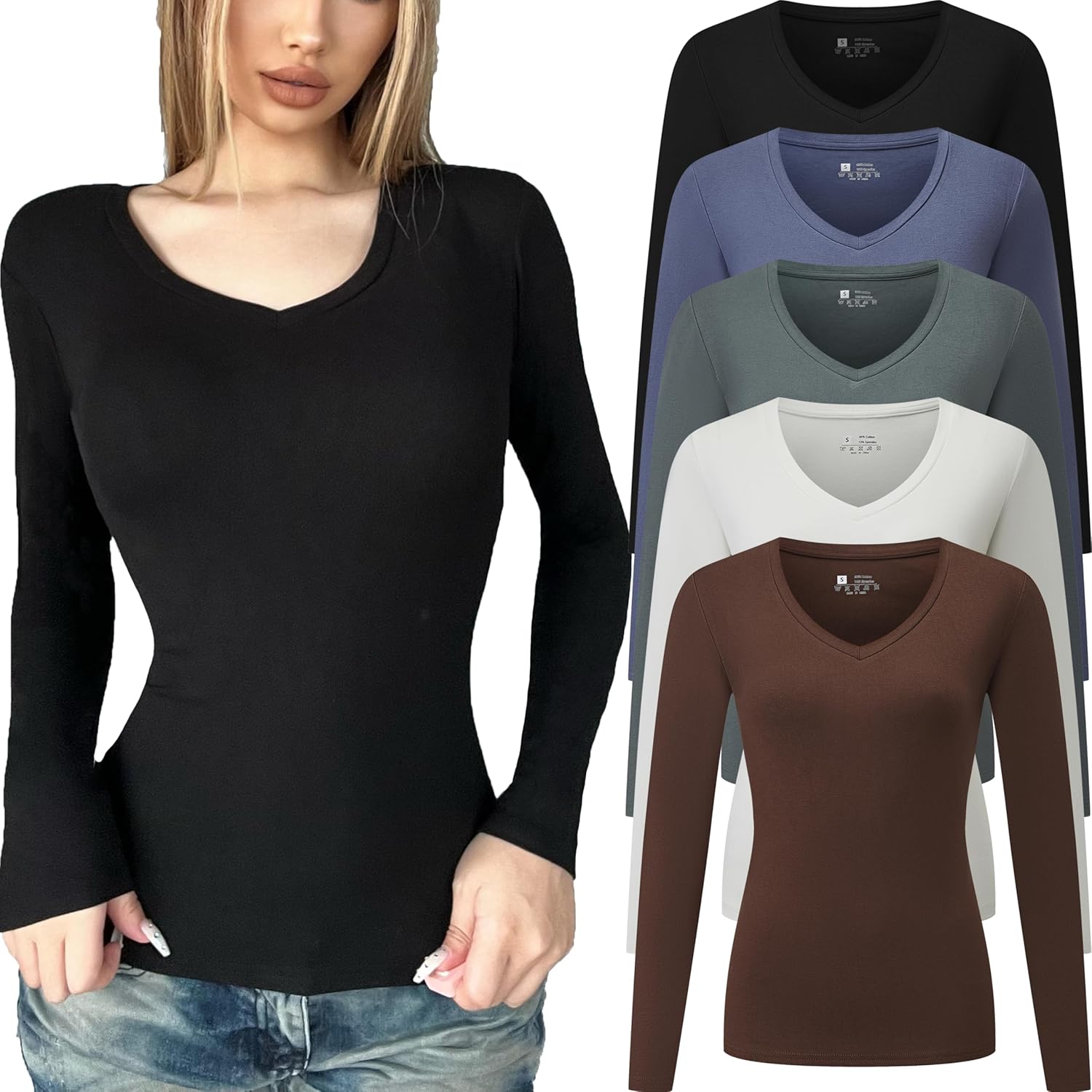5 Pack Women’s T-Shirt Long Sleeve V Neck Tops Cotton Bodycon Fall Winter Slim Fit Tunics Going Out Tees