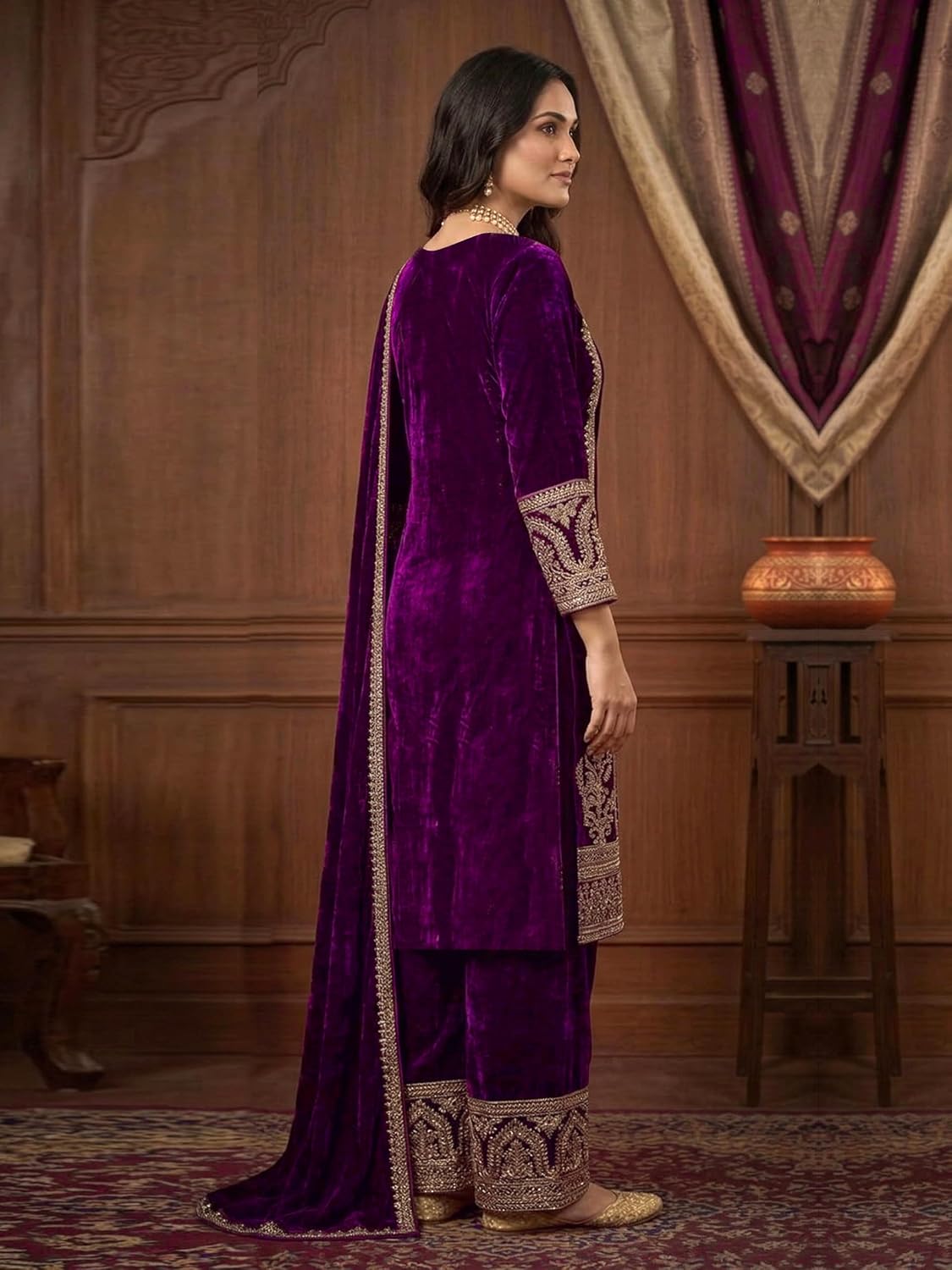 TRENDMALLS Women's Velvet Embroidery Sequence Work Salwar Suit Set Kurta Pant with Dupatta for Women