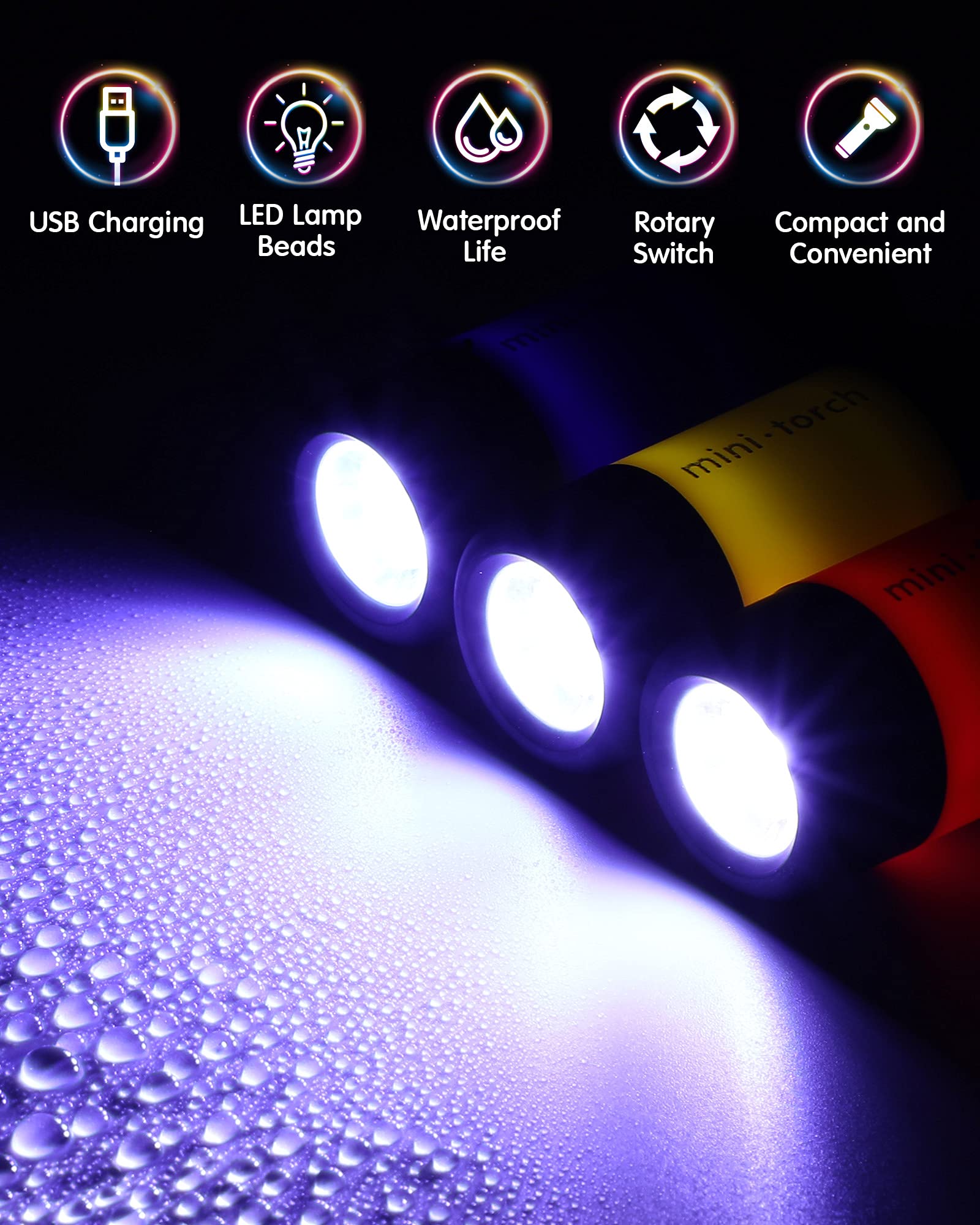 VIHOSE 24 Pack Mini Keychain Flashlights - Rechargeable LED, Waterproof, 12 Colors, White Light
