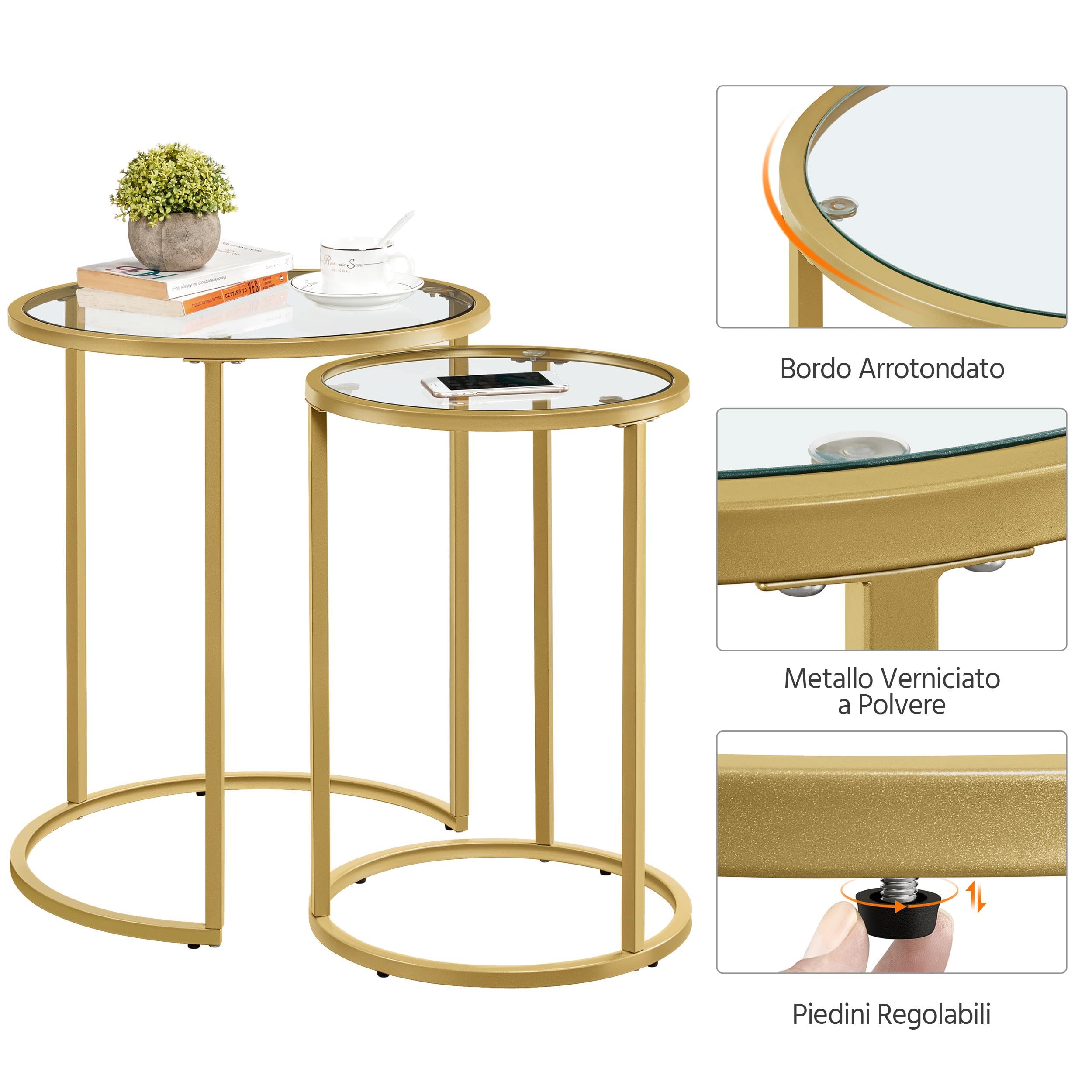 Set di 2 Tavolini da caffè Tavolino da Salotto Rotondi con Struttura in Metallo e Piano in Vetro Tavolino Salotto Moderno Soggiorno Ufficio Oro
