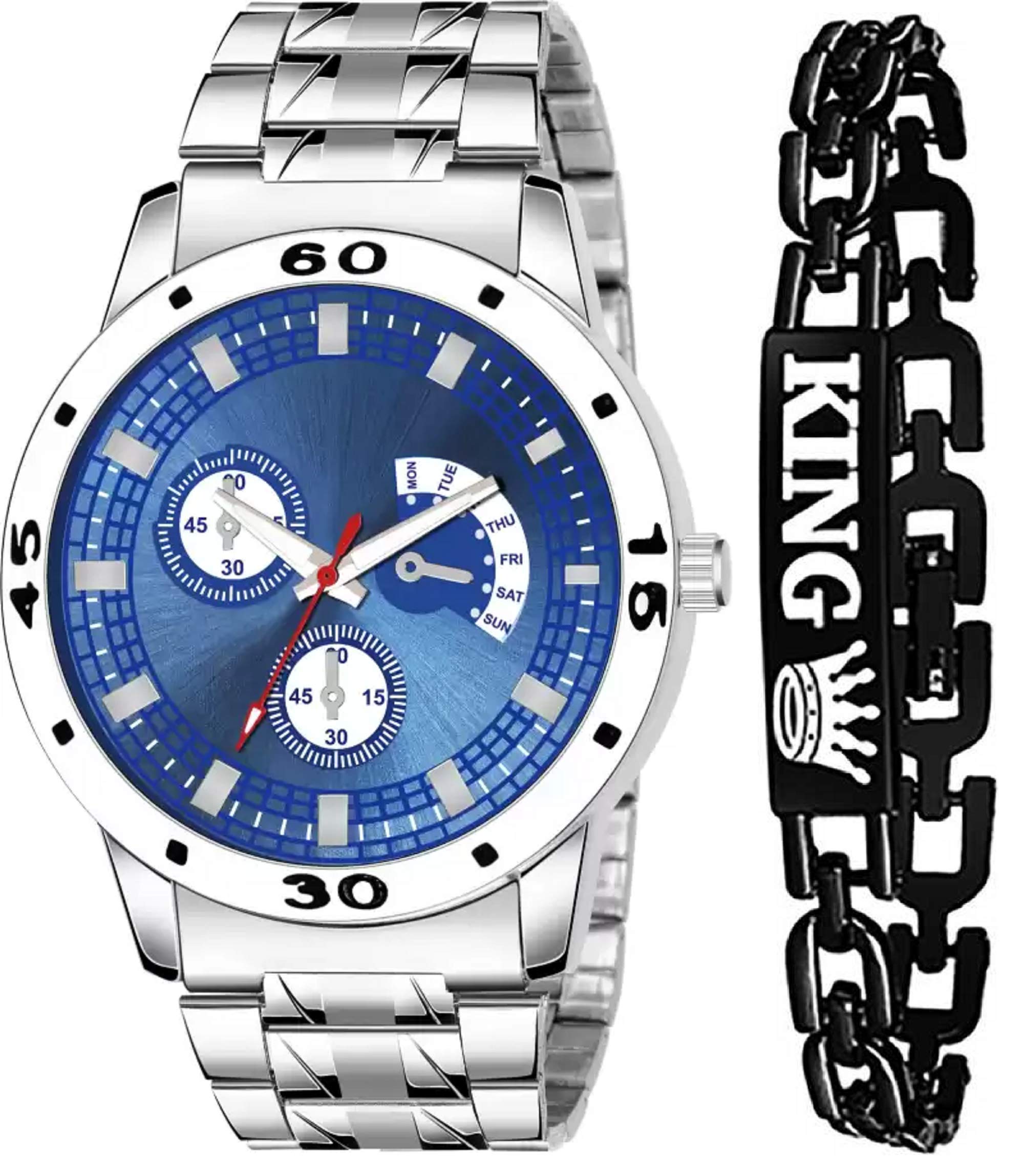 Analogue White Dial Silver Strap Watch and King Bracelet Valentine Gift for Boys and Men (Blue) (B08VGQBHRS) Amazon Price History, Amazon Price Tracker