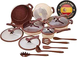 Jogo Panelas 15 Peças antiarerente PREMIUM Com Revestimento de CERÂMICA 7 camadas com espessura de 5mm, Indução, Gás, Vitrocerâmico, Elétrico, designer Compatível com Moncoc Arezzo, Frita sem óleo,