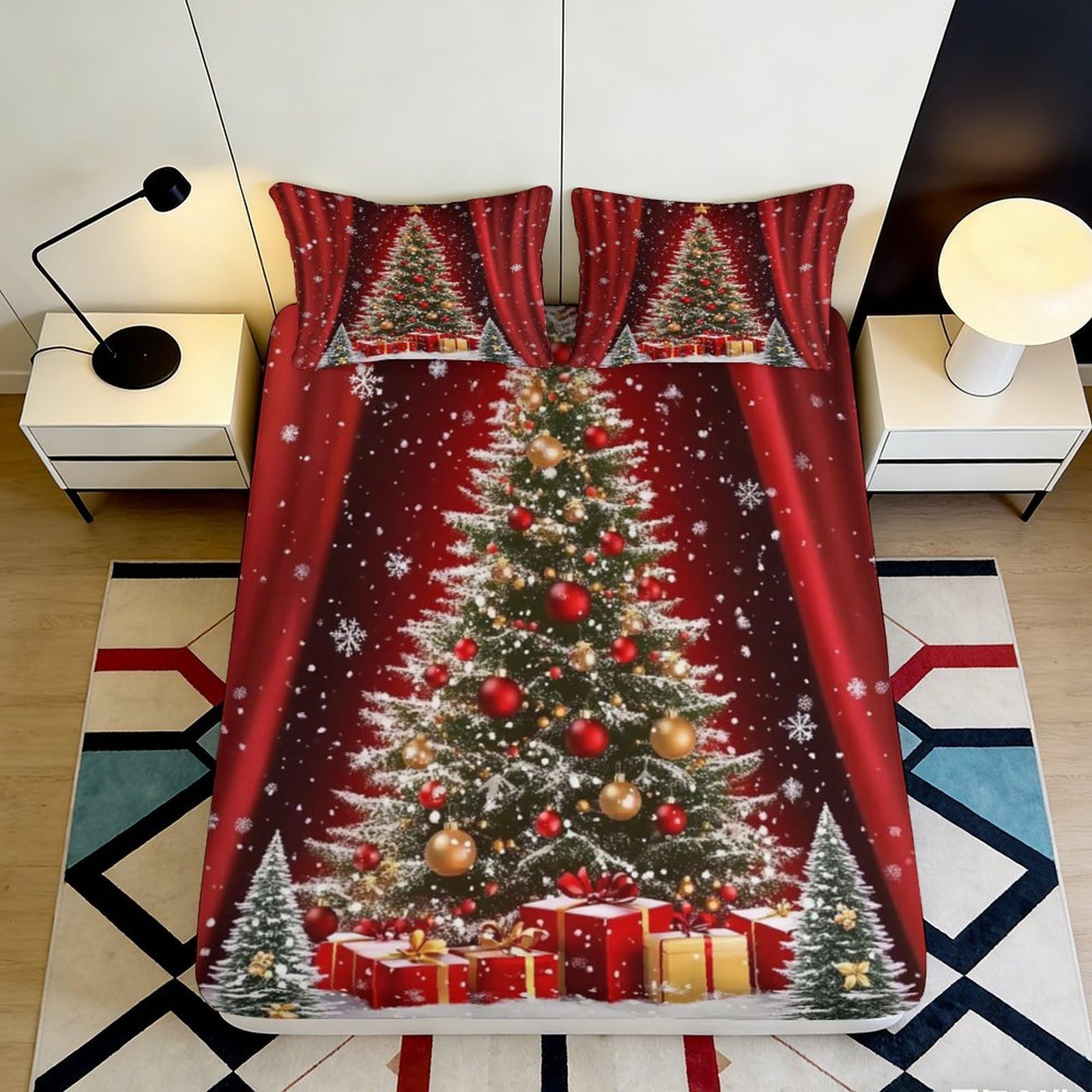 3D Printed Christmas Tree Fitted Sheet Microfiber Red Snowflake Bed Cover for Bedroom Guest Room Decoration 200x200x25cm