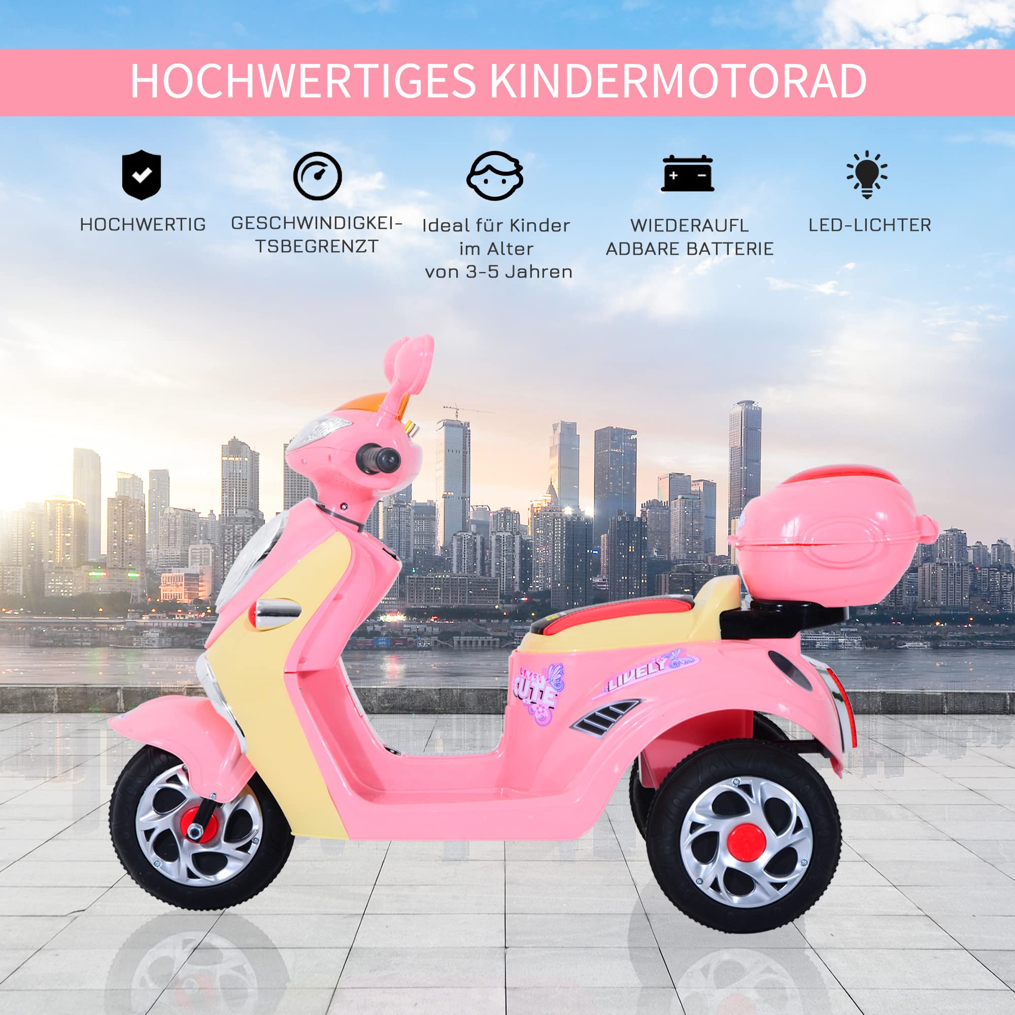 HOMCOM Elektro Kindermotorrad Elektromotorrad 6V 108x51x75cm Rosa+Gelb | Kinderelektroauto, Kinderfahrzeug, Dreirad, Metall+PP