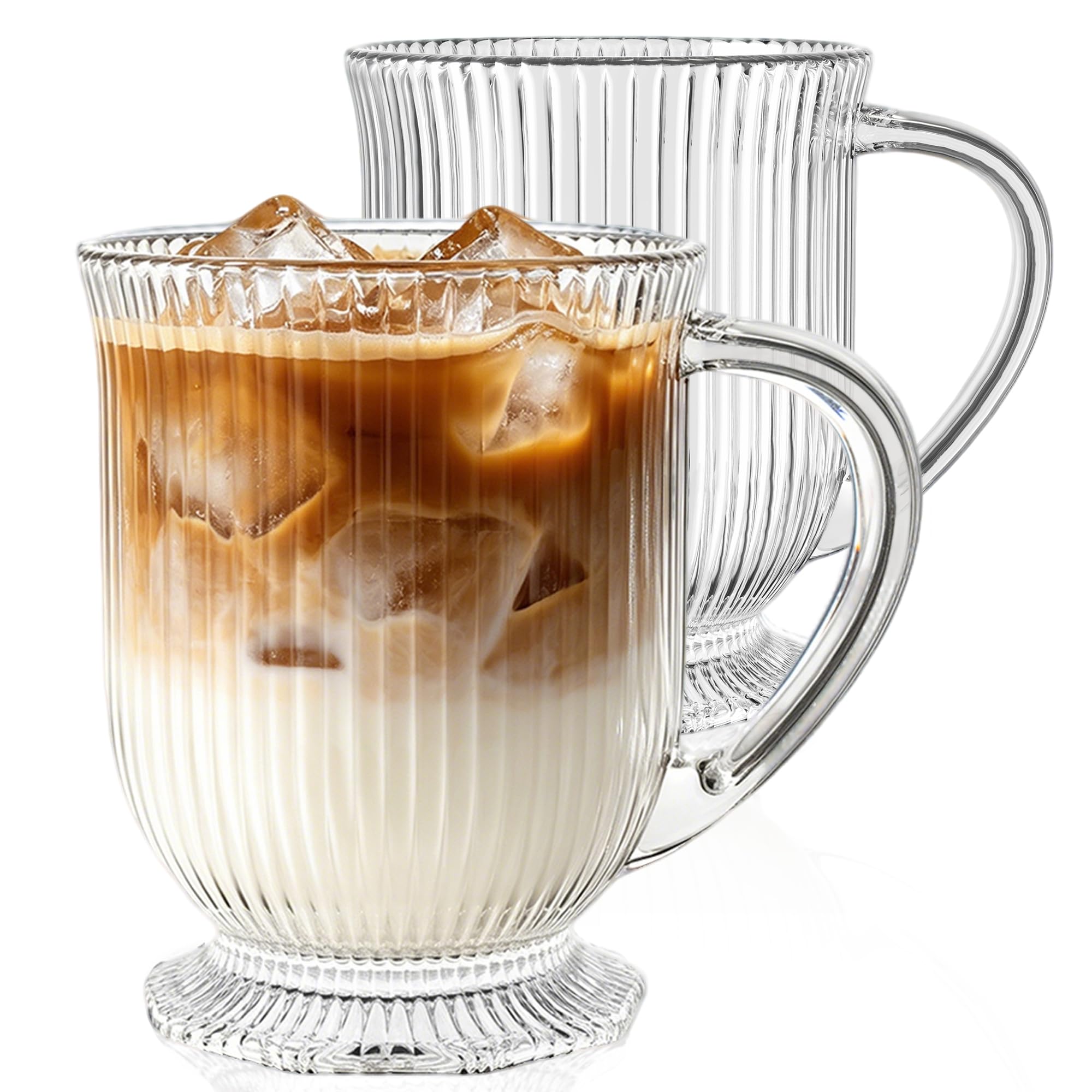 KEMORELA 2er Set 480ml Geriffelte Glasbecher mit Henkel – Teegläser mit Griff für Kaffee, Matcha Latte, Iced Coffee & Smoothies – Dickwandige Trinkgläser