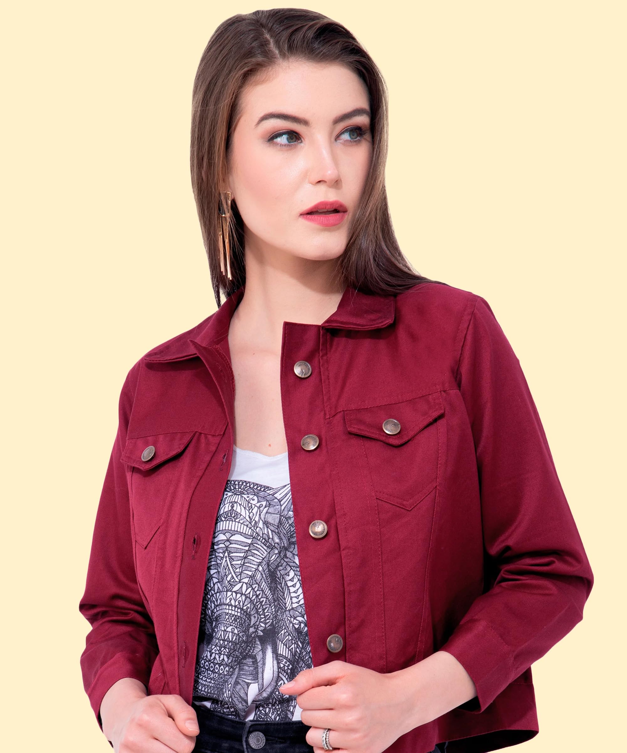 montrez Women Maroon Spread Collar Crop Denim Jacket-picture-40