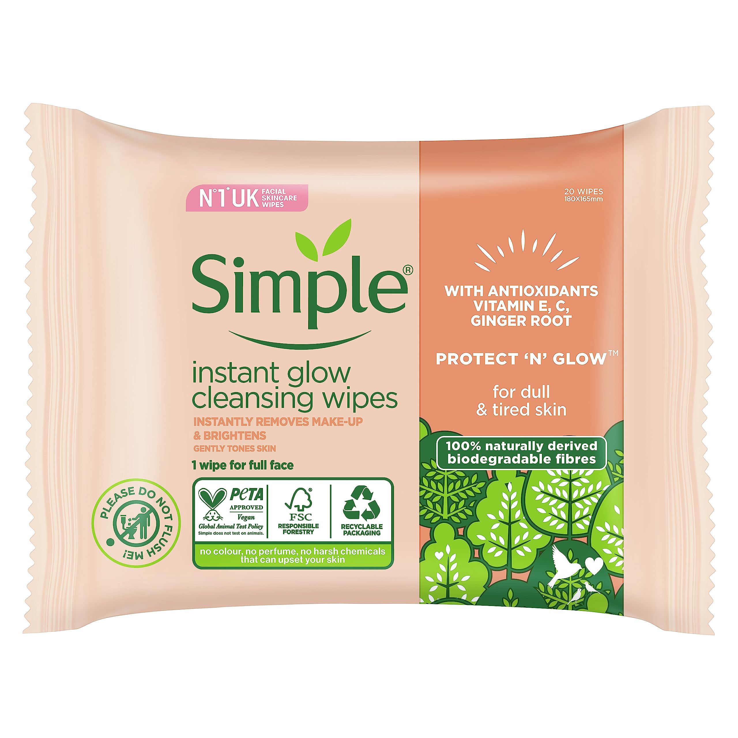 simpleProtect ‘N’ Glow Instant Glow Biodegradable Wipes dermatologically tested for sensitive skin 20 wipes