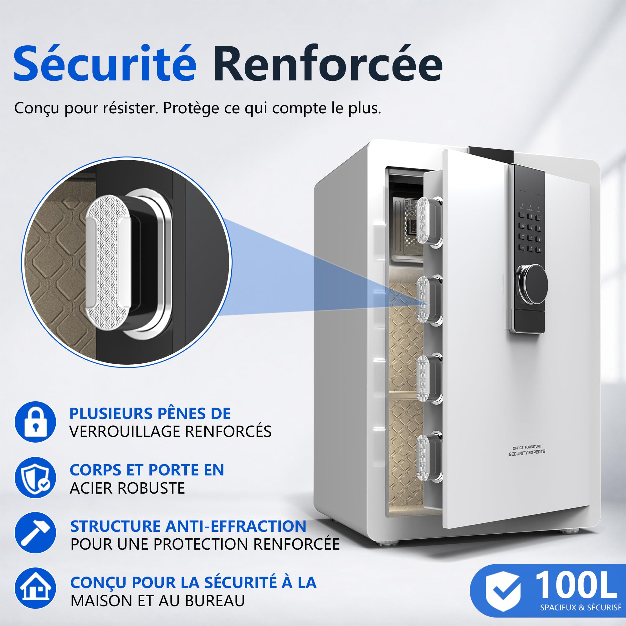 34KG Lourd Coffre Fort en Acier, 100L Coffre-fort Électronique avec Digitale Code et Clé, pour Maison et Bureau, Idéal pour Bijoux, Argent et Documents A4, Notice en Français (Blanc,100L)