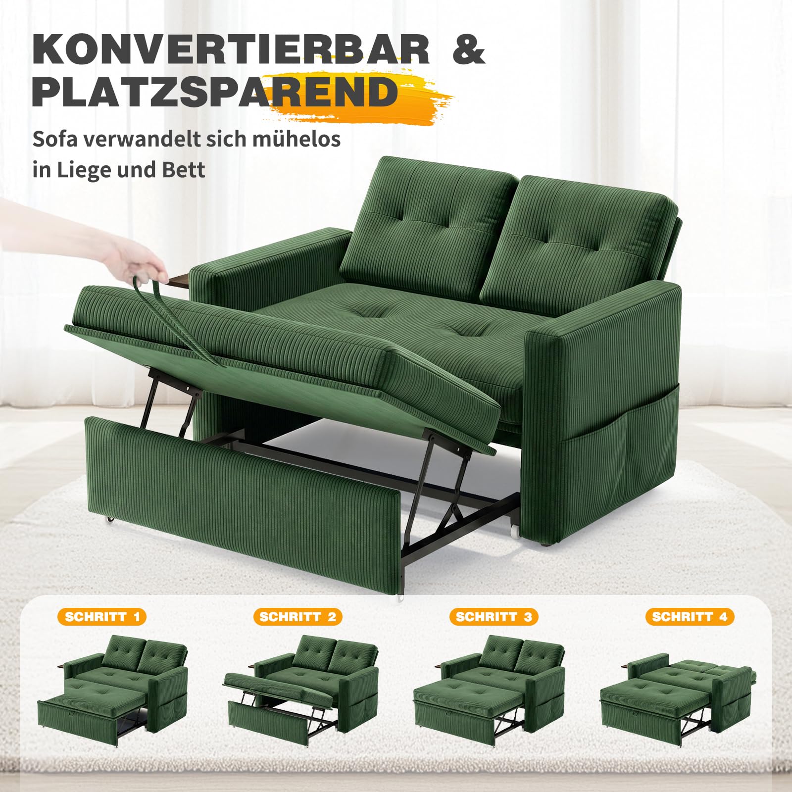 YOUDENOVA Sofa 3 w 1, fotel z funkcją łóżka i funkcją salonu, sofa relaksacyjna z 5 regulowanymi pozycjami oparcia, sofa 2-osobowa z łóżkiem, stołem i kieszeniami bocznymi, prążkowana zieleń