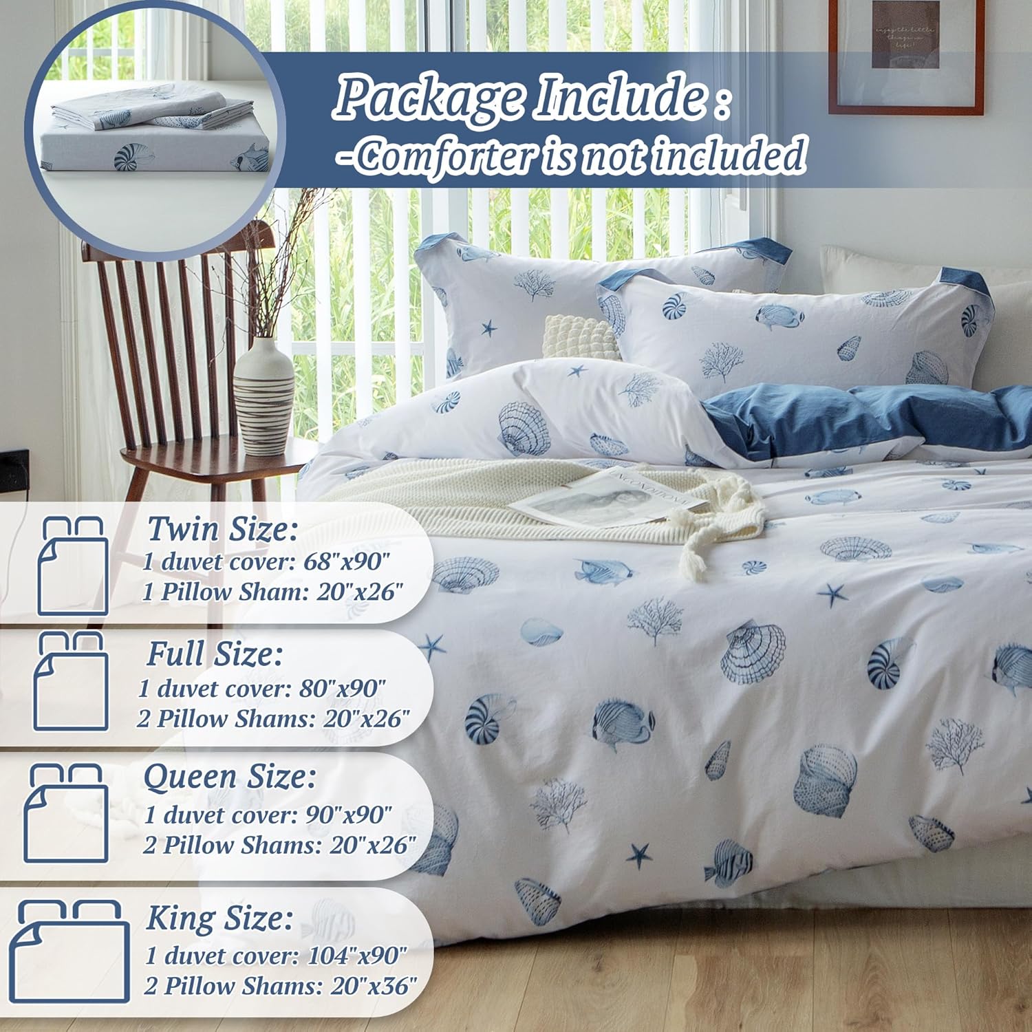 MILDLY 100% Washed Cotton Duvet Cover - Blue Seashell Pattern Comforter Cover Set Nautical Coastal Bedding Set with Zipper Closure 4 Ties King Size