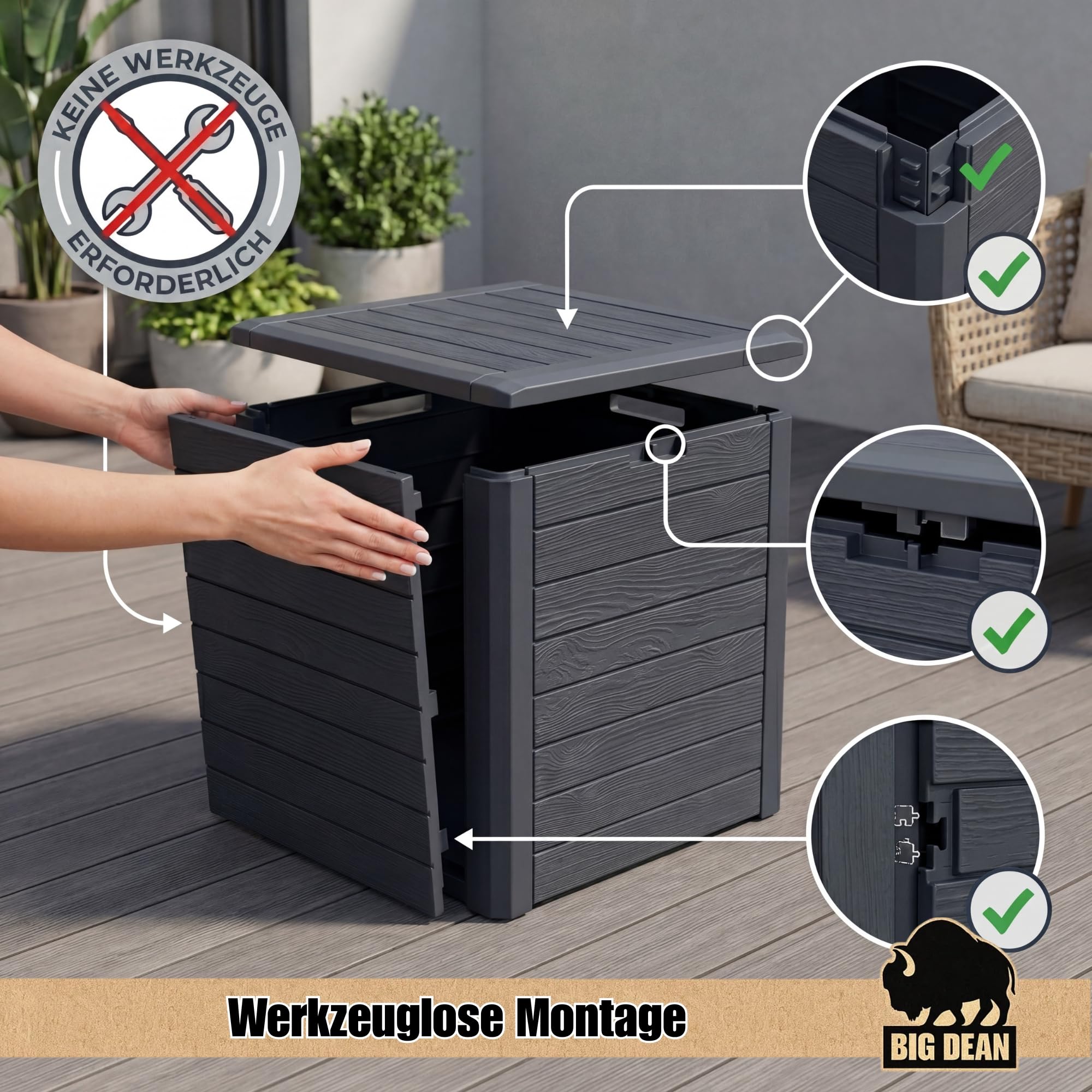 BigDean Gartenbox klein kompakt 140 Liter ideal für Balkon und kleine Flächen, Holzoptik Auflagenbox