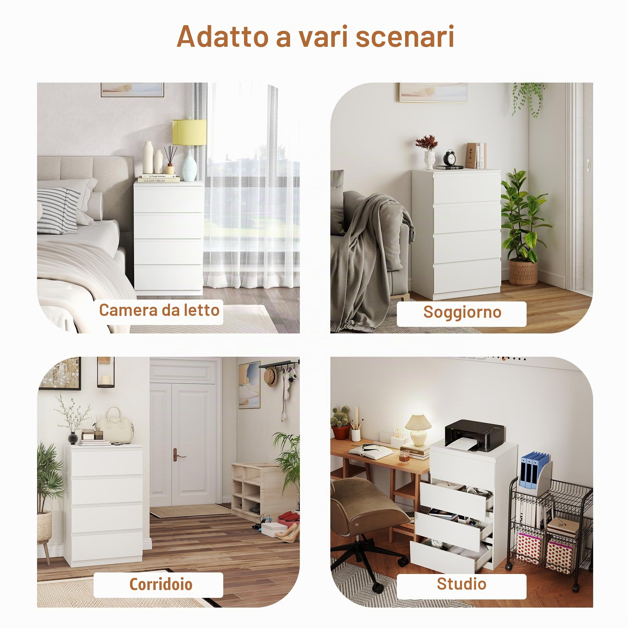 Cassettiera Camera da Letto in Legno Bianca Larghezza 60 cm Cassettiere Bianche 4 Cassetti, Comodino Cassettiera e Credenza Bianco per Ufficio Soggiorno Corridoio Mobili(60x40x98CM)