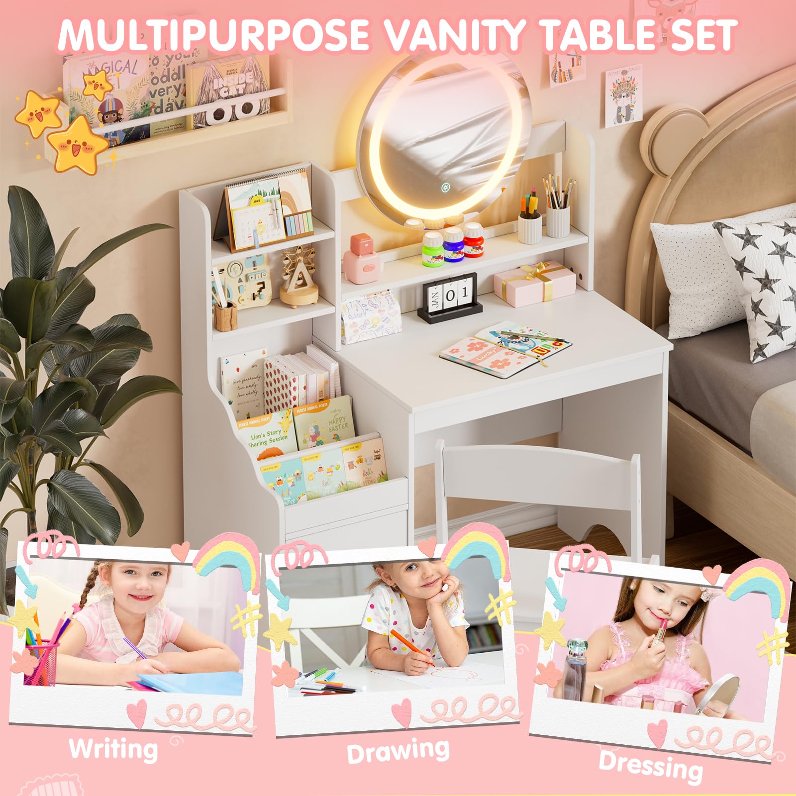 MSFE 2 in 1 Schminktisch Kinder Set, Kinderschminktisch Prinzessin Frisiertisch mit Hocker, LED-Spiegel & Stauraum Schrank, Frisierkommode Mädchen Holz ab 5 mit offenen Fächern (Weiß)