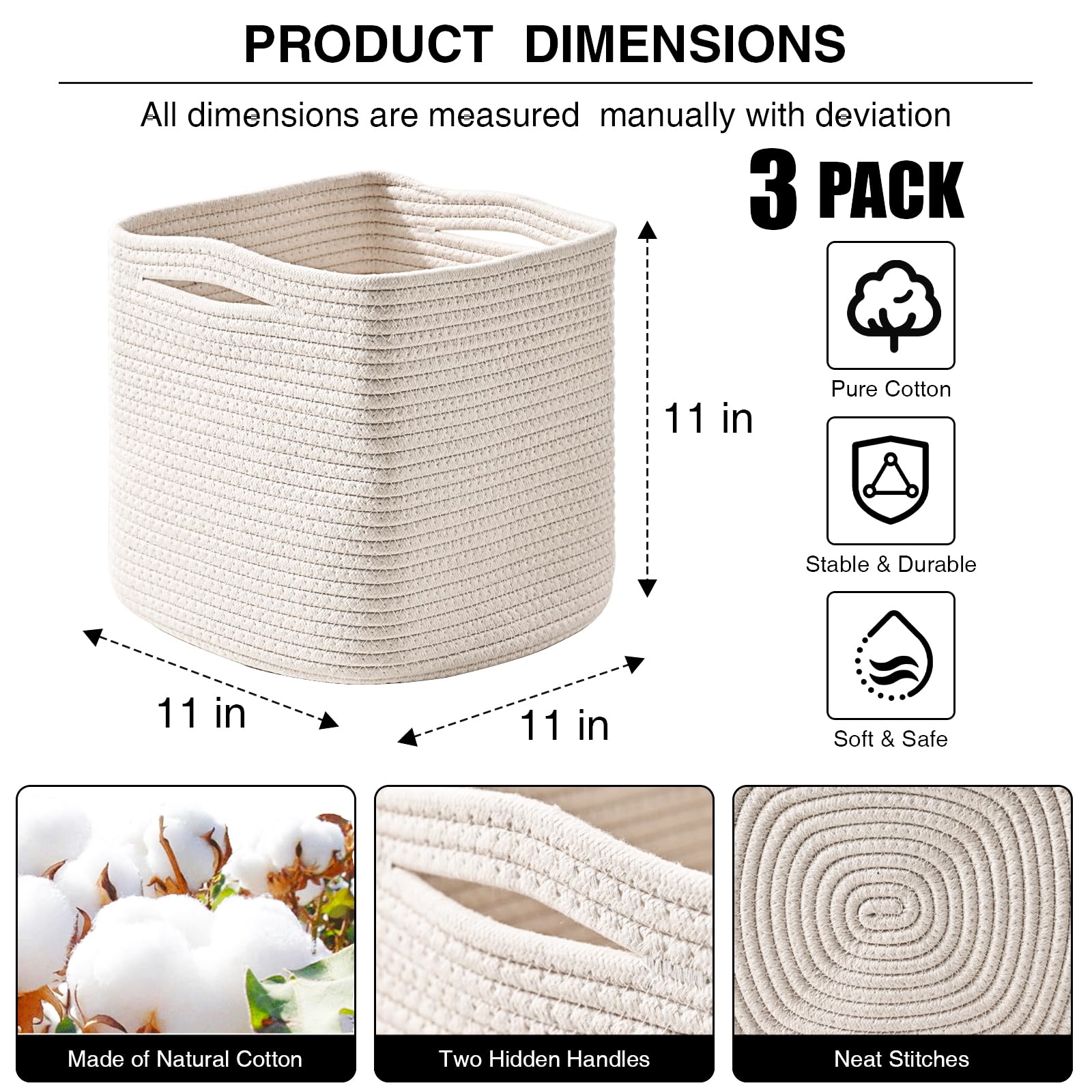 Dcerzxzci 11 Inch Cube Storage Bins, 11x11 Cube Storage Bins for Cube Organizer, Square Cloth Storage Cubes, Woven Storage Baskets for Shelves, Toy Rope Baskets Storage Kids, Off White (Pack of 3)