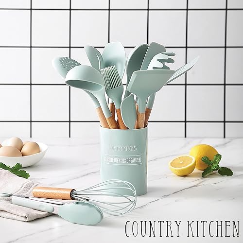 Miniatura 6 de Country Kitchen Utensilios de cocina de silicona, juego de utensilios de cocina de 14 piezas, utensilios de cocina de madera fáciles de limpiar,