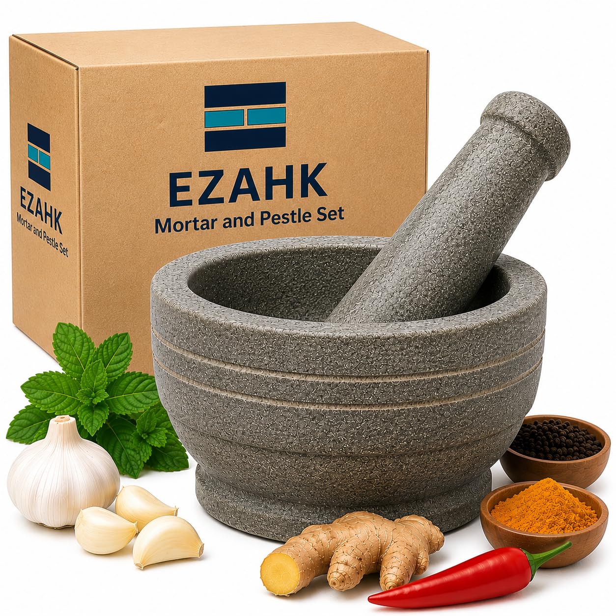 EZAHK Stone Mortar and Pestle Set for Spices, Okhli Masher, Khalbatta stone, Kharal, Mixer, Natural & Traditional Grinder, Mu