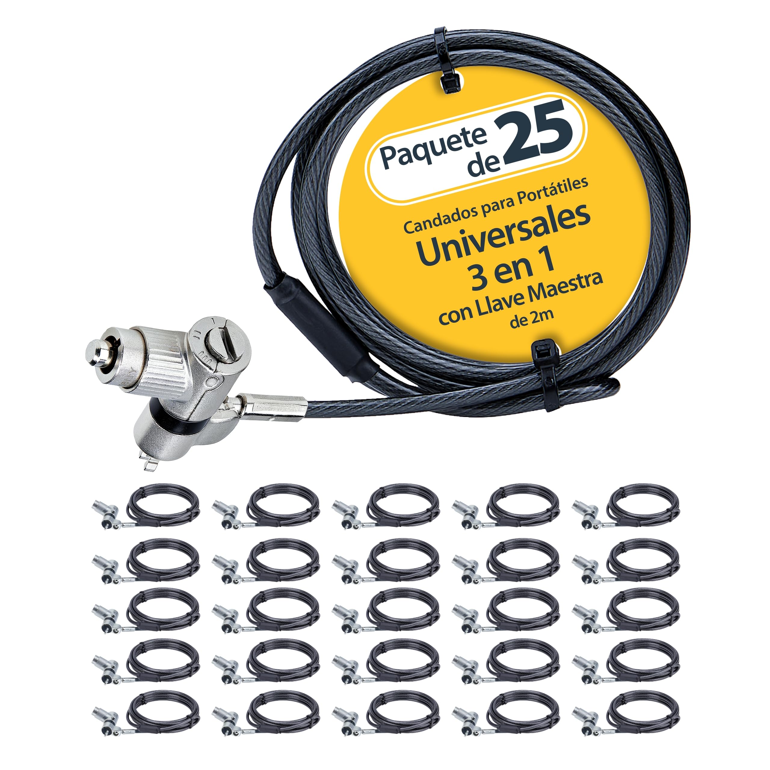 StarTech Pack 25 Candados Universales para Portátil, 2m, Llave Maestra | Llave maestra bajo pedido, Resiste 61, 2kg, Ideal para Responsables de TI