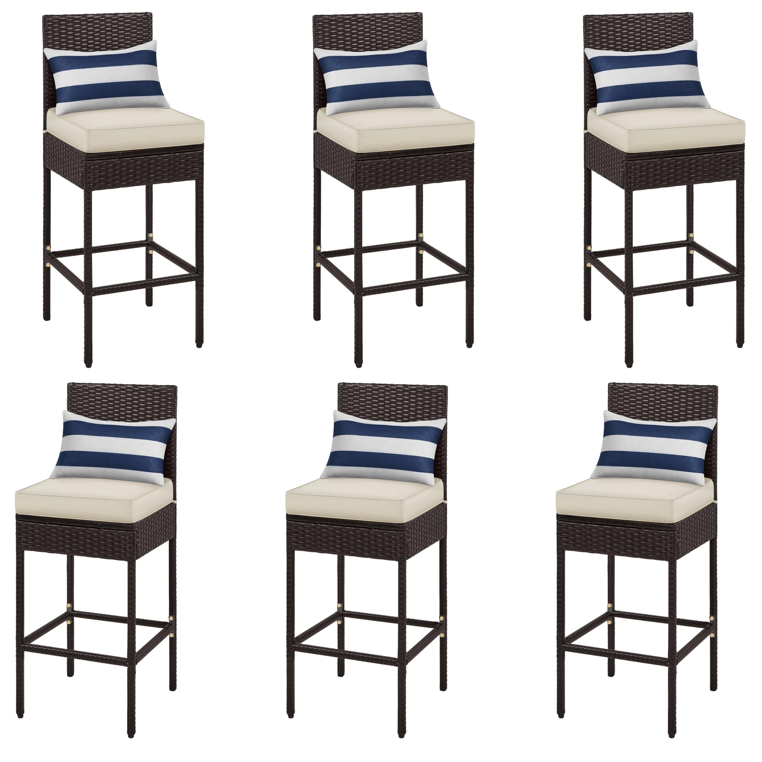 Yaheetech Set of 6 Patio Bar Stools, Outdoor PE Rattan Bar Height Chairs with Cushions & Footrests & Backrest for Indoor/Outdoor/Backyard/Porch,