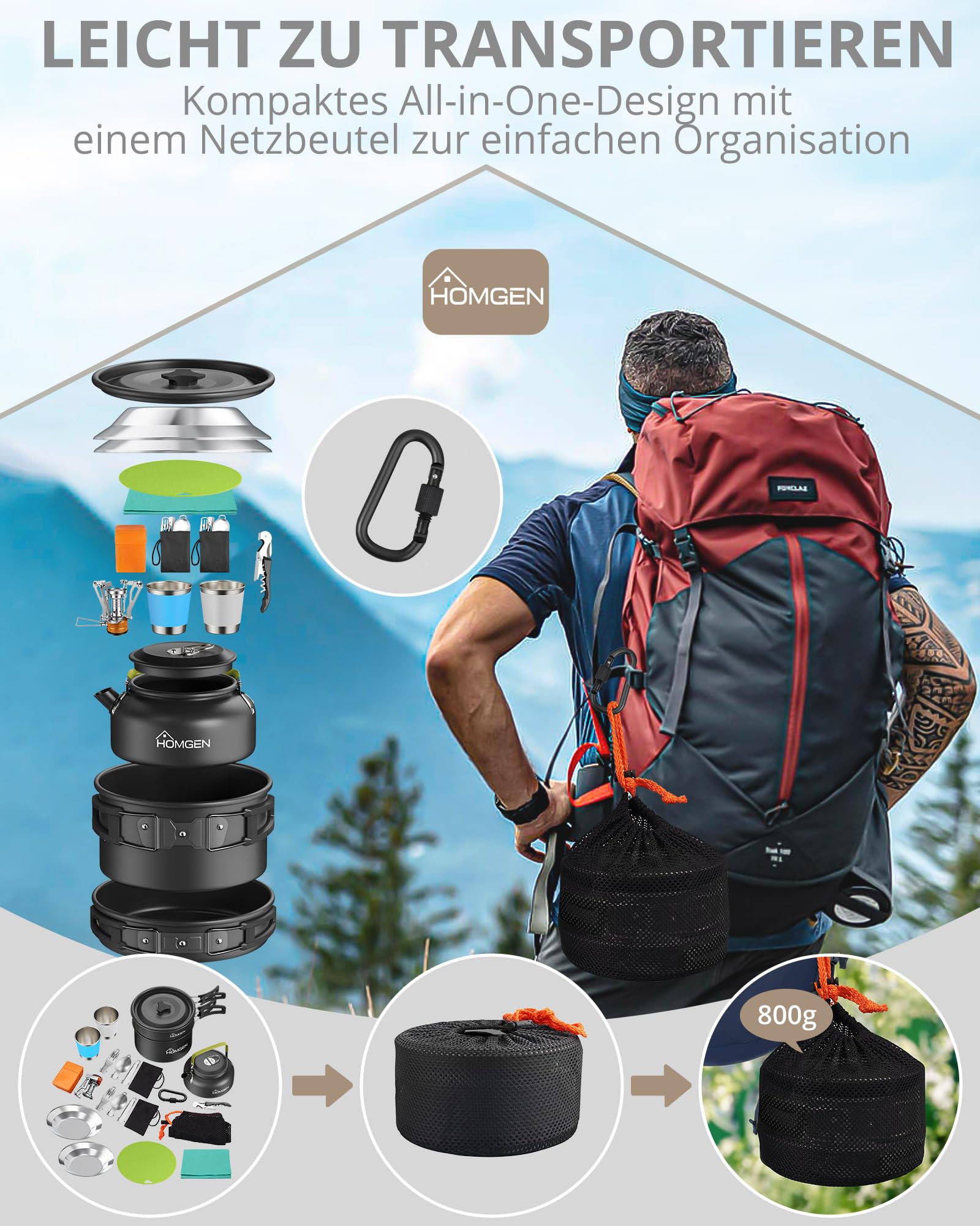HOMGEN 21er Set Camping Kochset mit Mini Gaskocher, Ultraleichtes Outdoor Kochgeschirr Set für 1-2 Personen, Antihaft Camping Topf Pfanne Wasserkessel Geschirr Besteck für Camping Backpacking Picknick