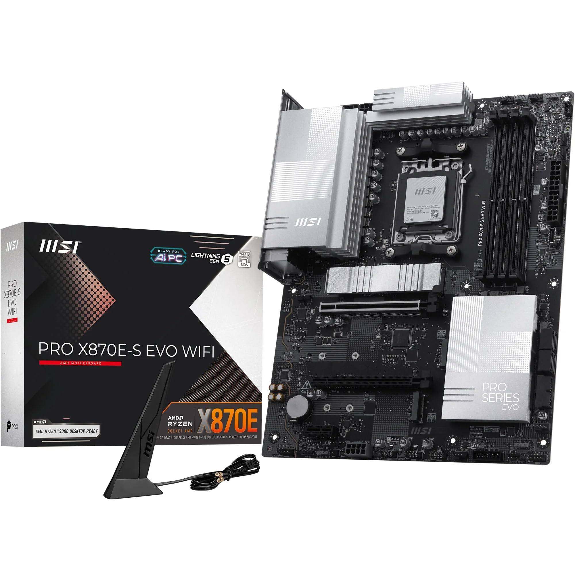 MSI PRO X870E-S EVO WIFI Motherboard, ATX - Supports AMD Ryzen 9000/8000 / 7000 Processors, AM5-60A SPS VRM, DDR5 Memory Boost (up to 8200+ MT/s OC), PCIe 5.0 x16, M.2 Gen5, Wi-Fi 7, 5G LAN