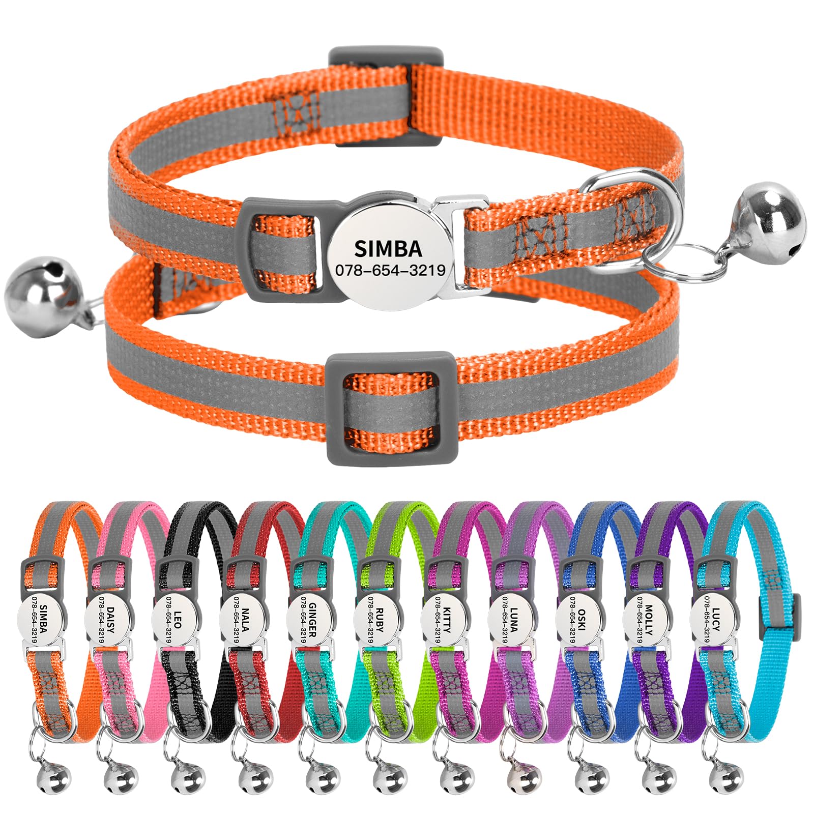 Personalised Reflective Cat Collar with Name Tag,Quick Release Kitten Collars with Bell Safety Buckle, Adjustable Nylon Cat Collar for Cats Kittens UK Prime (19–30 cm, Orange Strip)