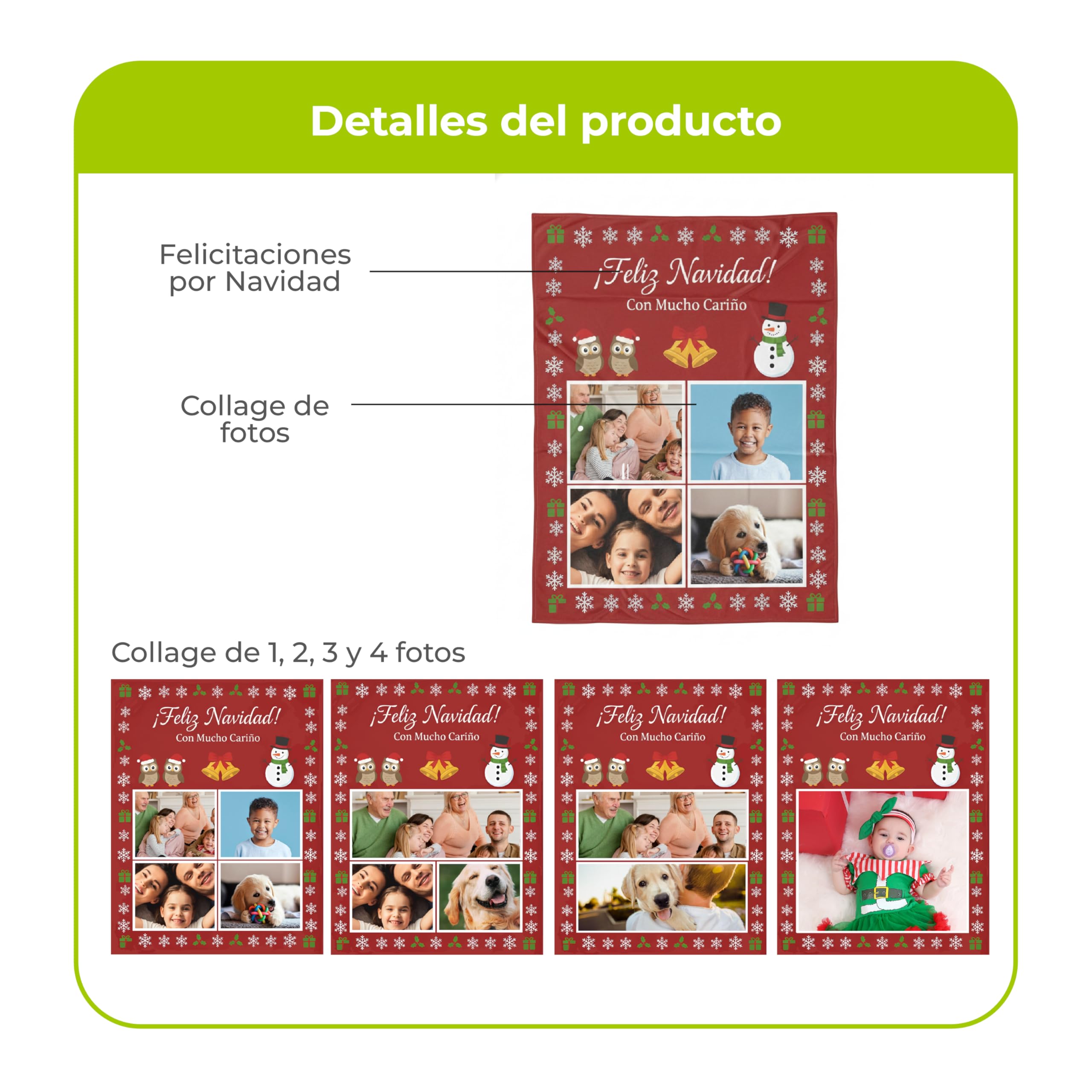 Manta Navideña Personalizada con Foto y Nombre (3 Fotos, 150X230)
