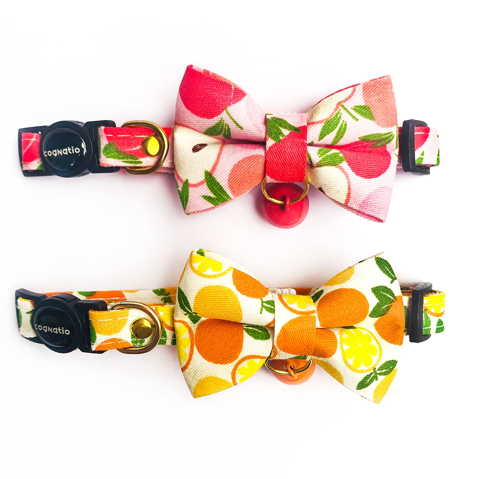 Cognatio Quick Release Cat Collars, Fruit Patterned Kitten Collars with Removable Bell and Bow Tie, Adjustable 20-30 cm