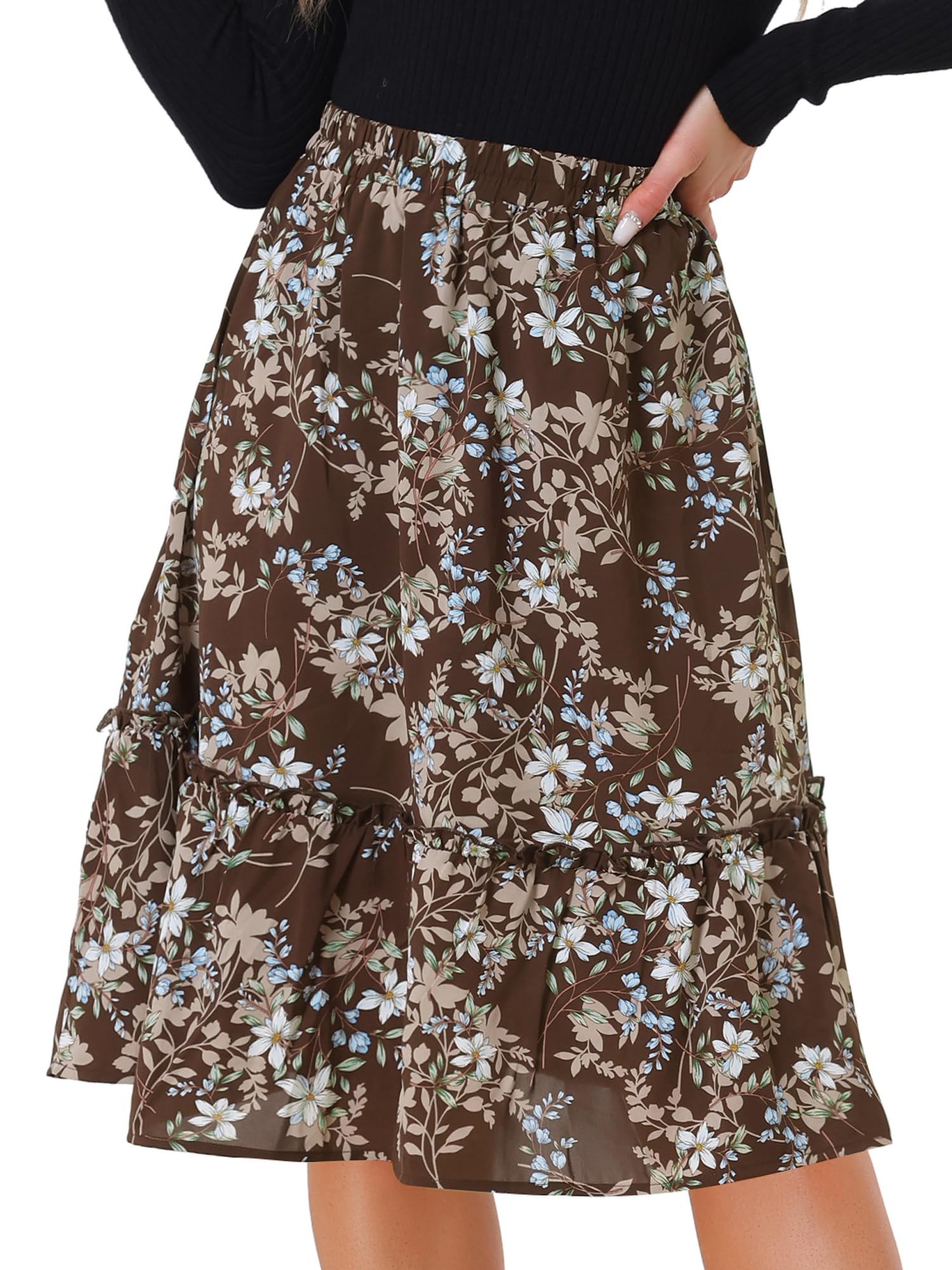 Allegra K Women's Knee Length Skirt Floral Elastic Waist Flowy Tiered A-Line Ruffle Skirt