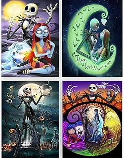4 Pack Diamond Painting Kits for Adults&Kids DIY 5D Jack&Sally Halloween Diamond Art Paint with Round Diamonds Full Drill Nightmare Gem Art Painting Kit for Home Wall Decor Gifts(12x16inch)