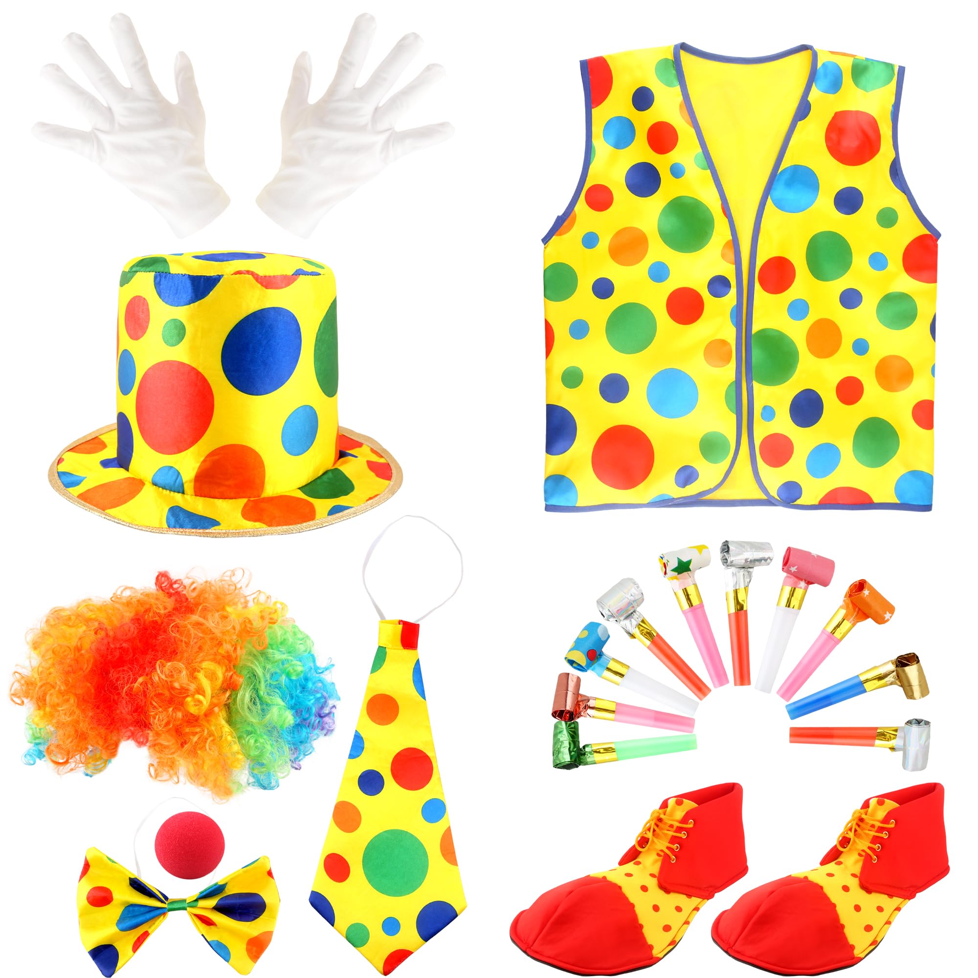 18 Pcs Adult Clown Costume Set Include 10 Pcs Party Horns Noisemakers Clown Vest Costume Outfit for Women Men Halloween Cosplay