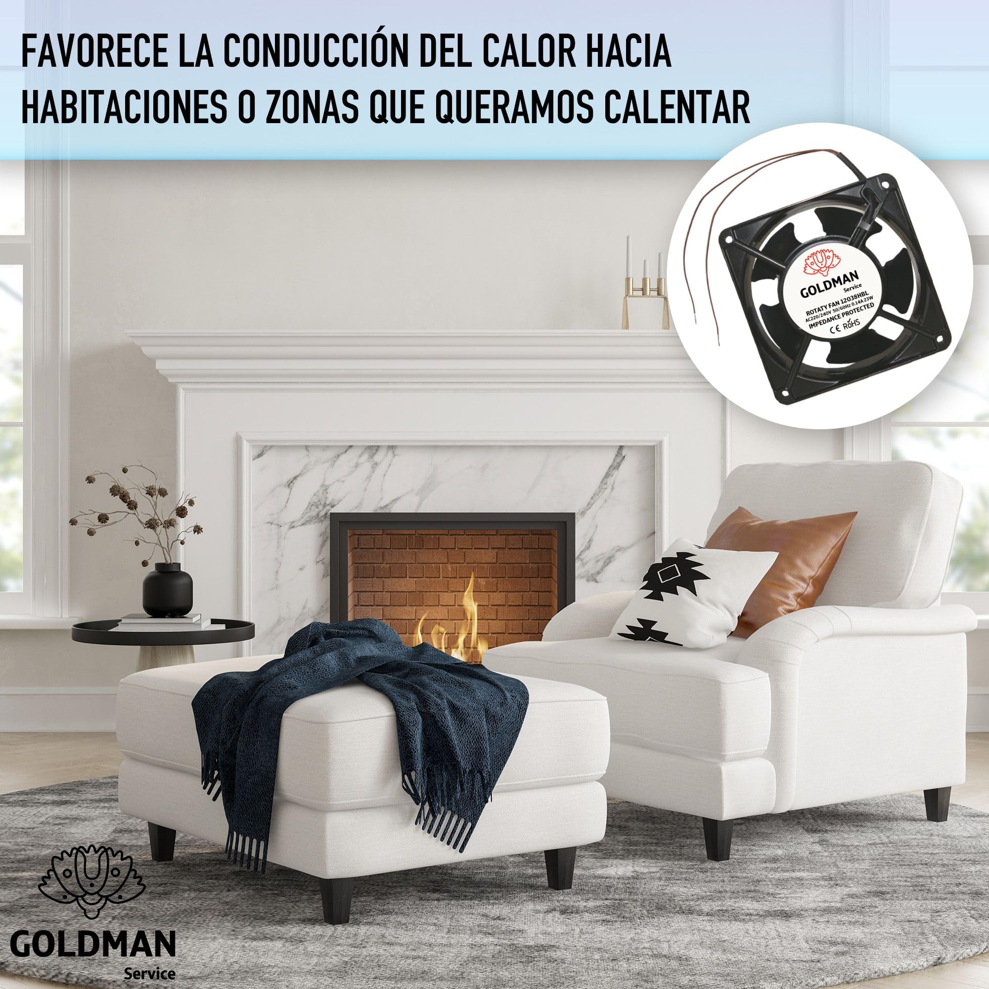 GOLDMAN SERVICE | Ventilador Axial de Alta Temperatura con Rejilla y Filtro para Casette de Chimeneas Insertables | Silencioso con Potentes Aspas Metálicas | Medidas: 120x120x38 mm (23W)