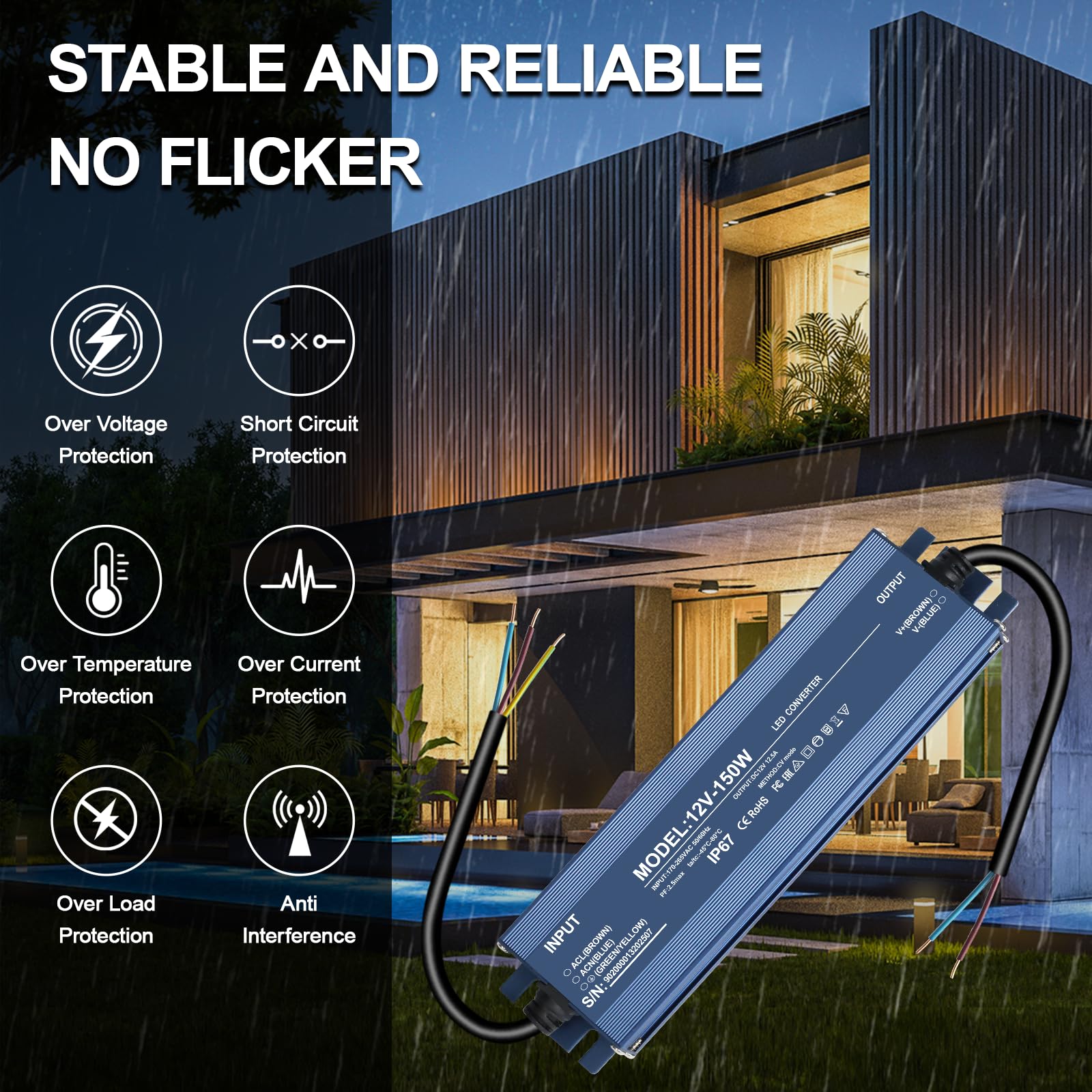 Transformador 220v a 12v 12.5A 150w, alimentacion 12v 150w, IP67 Impermeable, fuente 12v 150w, Sin ruido/sin parpadeo de LED para bombillas y tiras LED MR16 GU5.3 MR11 G4, no regulable