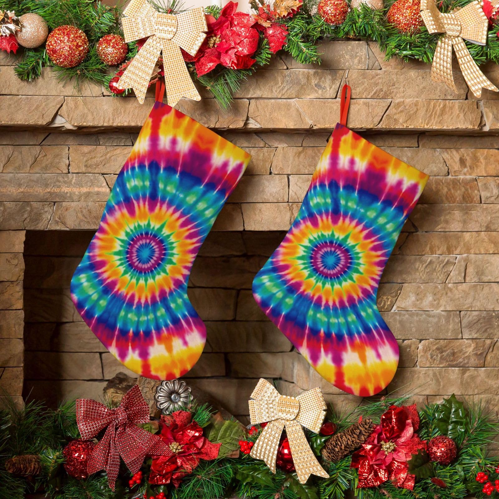 KLOPH Christmas Stockings 18" Personalized Xmas Stocking Tie Dye Pattern Decoration Stocking Hanging Fireplace Stocking for Holiday Xmas Tree Christmas Fireplace Decor