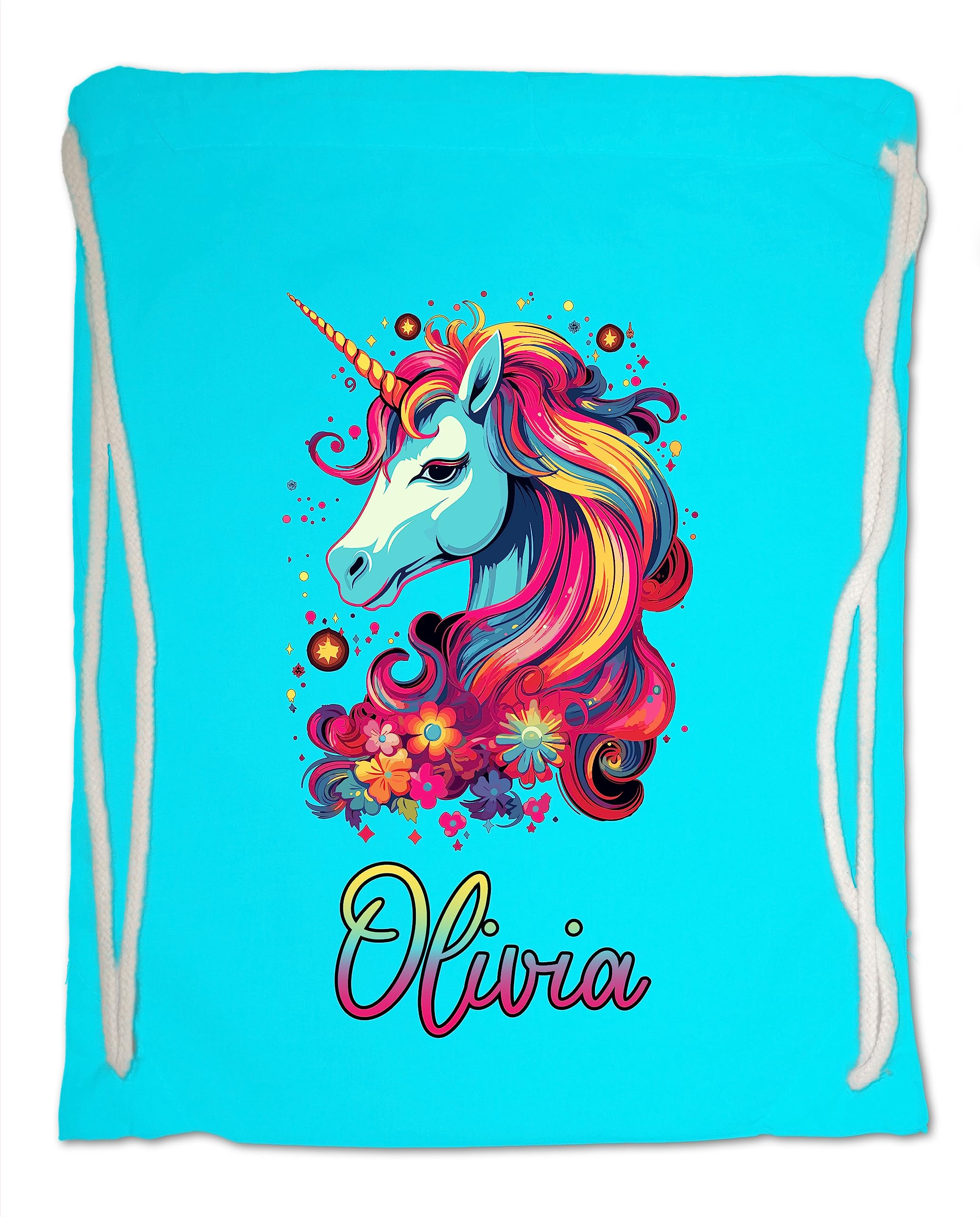 Kids Gym Bag. Personalised Any Name Neon Mane Unicorn Swimming PE School Sports Bag. Boy or Girl, Birthday Gift. Christmas. Back to School (Surf Blue)