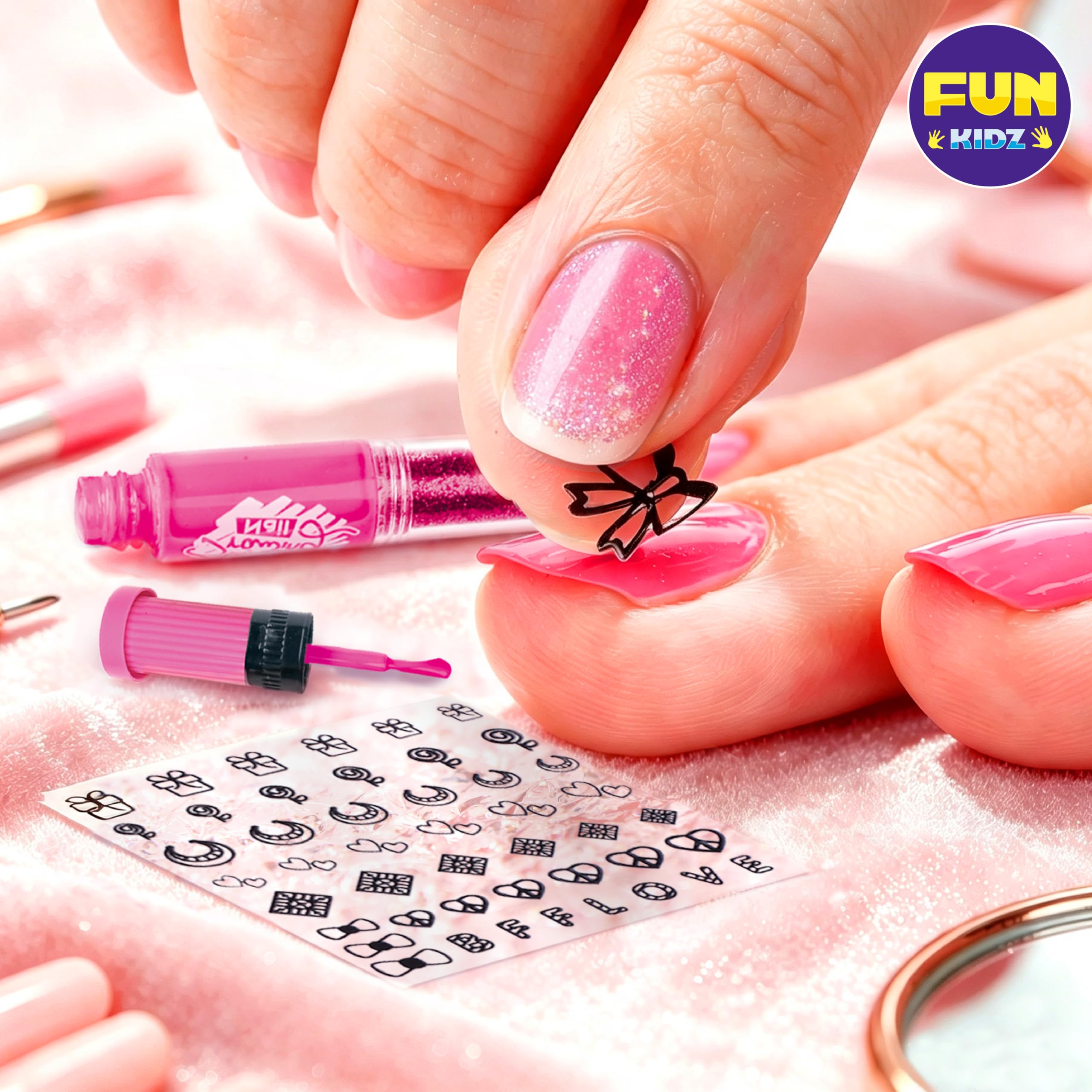 FunKidz - Juego de esmaltes de uñas para niños con 3 en 1 para esmaltes de uñas con purpurina y accesorios de decoración pegajosa