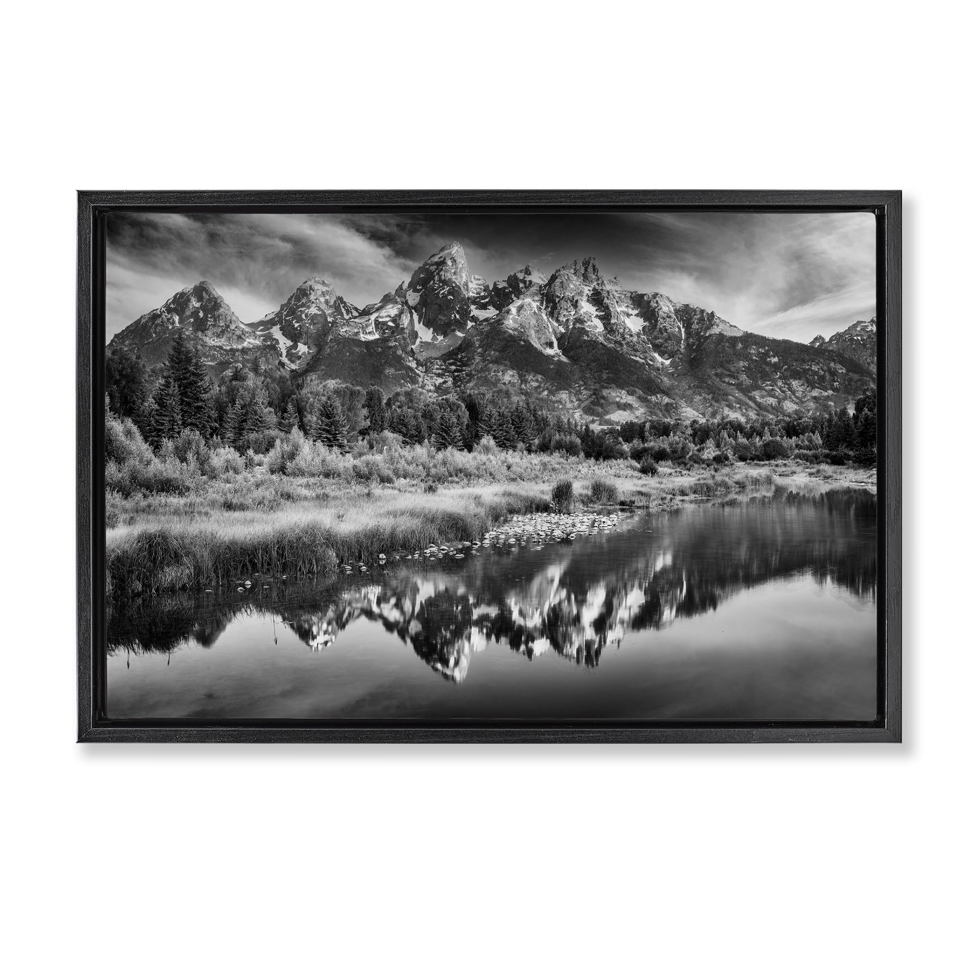Stupell Industries Jet Black (Matte) Teton Mountain Reflections Landscape, 20 X 30 Inch Canvas In Floater Frame