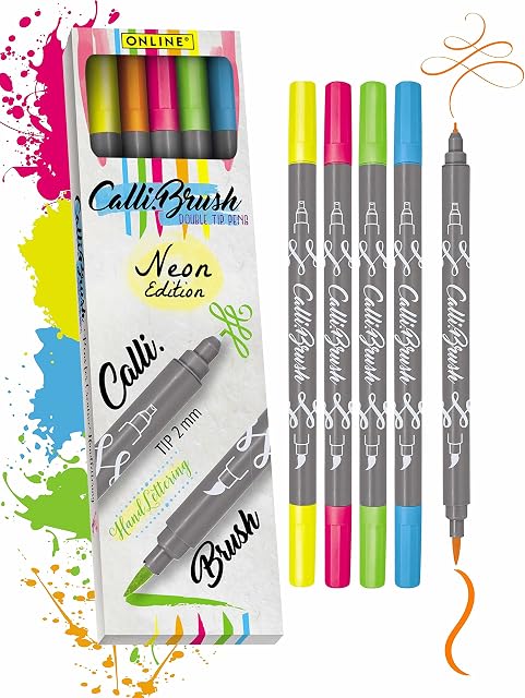 ONLINE Calli.Brush Handlettering Brush-Pens NEON | Set of 5 brush pens | Calligraphy Set for Bullet Journal, Lettering | Calligraphy tip & brush tip | Water colours | Aquarell pens