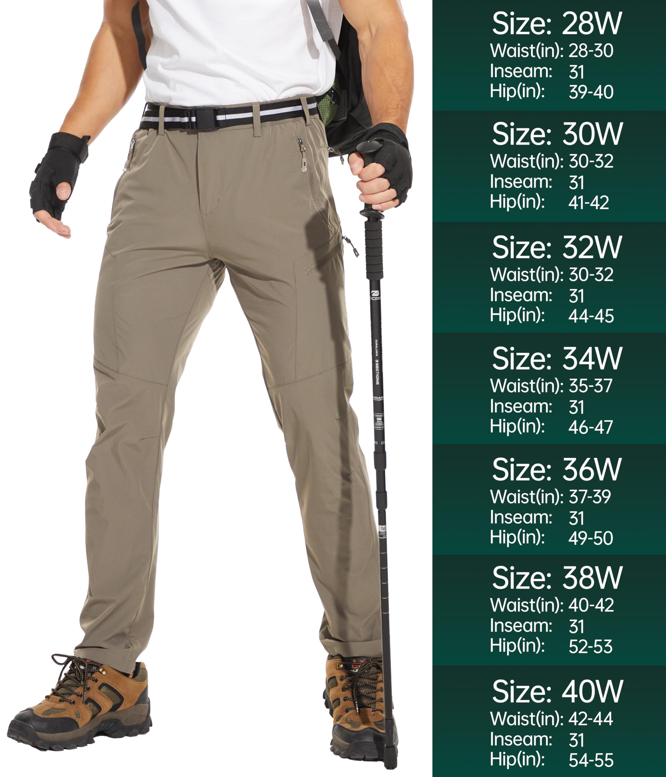 NATUVENIX Pantalon de randonnée pour homme - Imperméable - Séchage rapide - Pantalon de voyage extensible - Noir, Gris Foncé, Kaki, Vert Kaki - Taille 32 (EU 30)