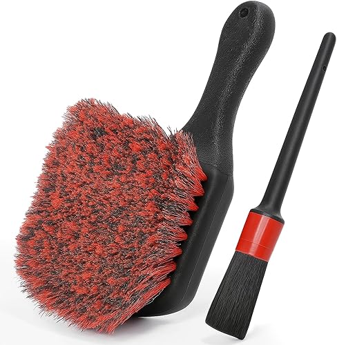 TAKAVU Cepillo para neumáticos de rueda de mango corto (cerdas suaves) y cepillo de detalles incluido, kit de limpieza de automóvil para llantas,