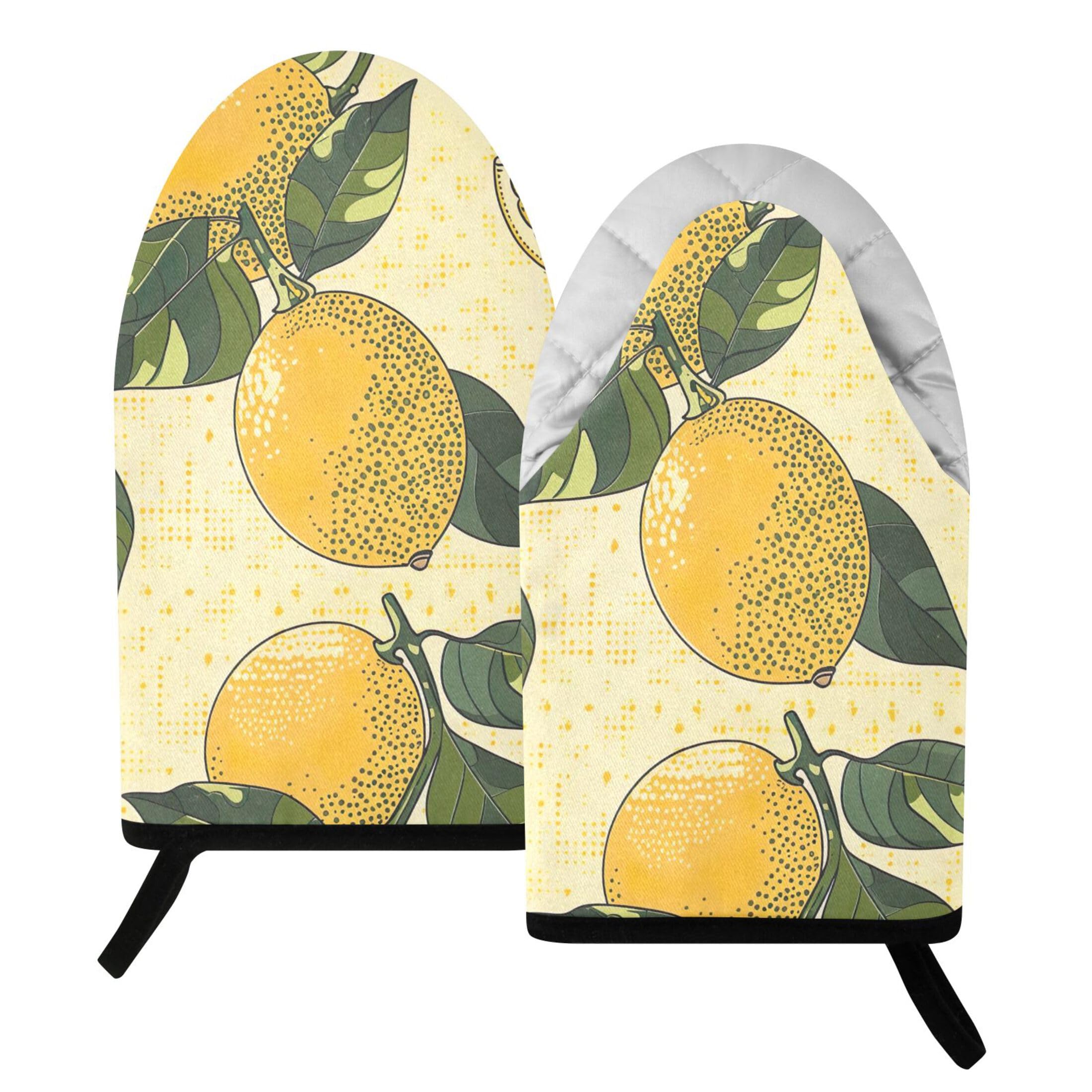 Kutsu Lemons Oven Mitts for Kitchen, Heat Resistant Cotton Oven Gloves for BBQ Baking Cooking, Breathable Kitchen Essentials, 2 pcs