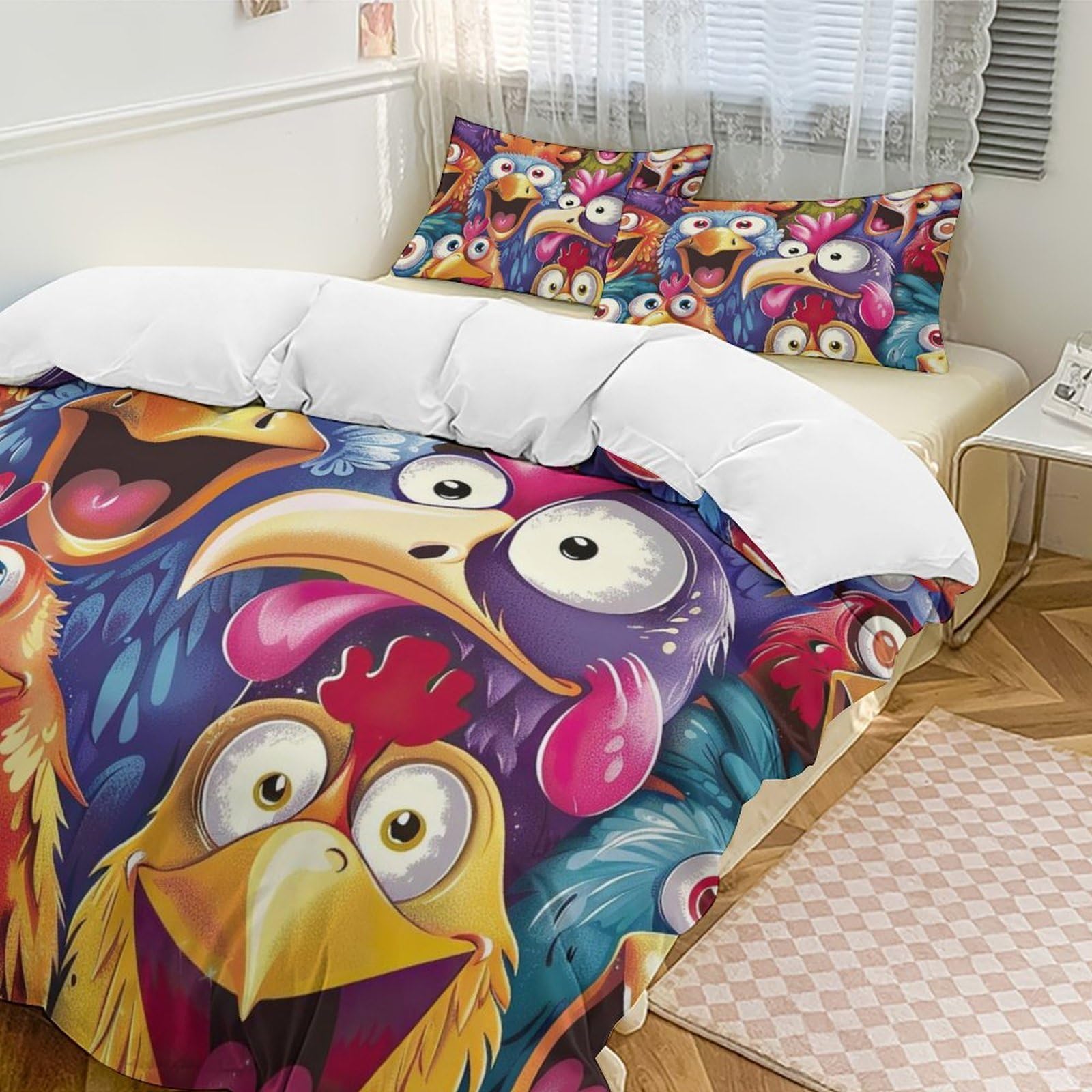 Funny Chicken 3 Piece Bedding Set Soft Comforter and Sheet Set Microfiber Bedding Duvet Cover Set,1 Duvet Cover with 2 Pillowcases 90"x90"