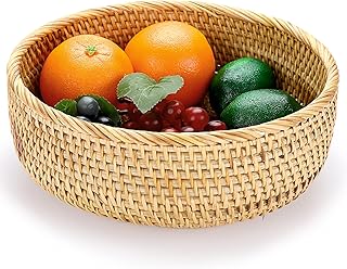 IGNPION Round Rattan Woven Fruit Basket Bread Serving Baskets Snack Storage Bowls Table Desktop Countertop Decorative Display Storage Baskets