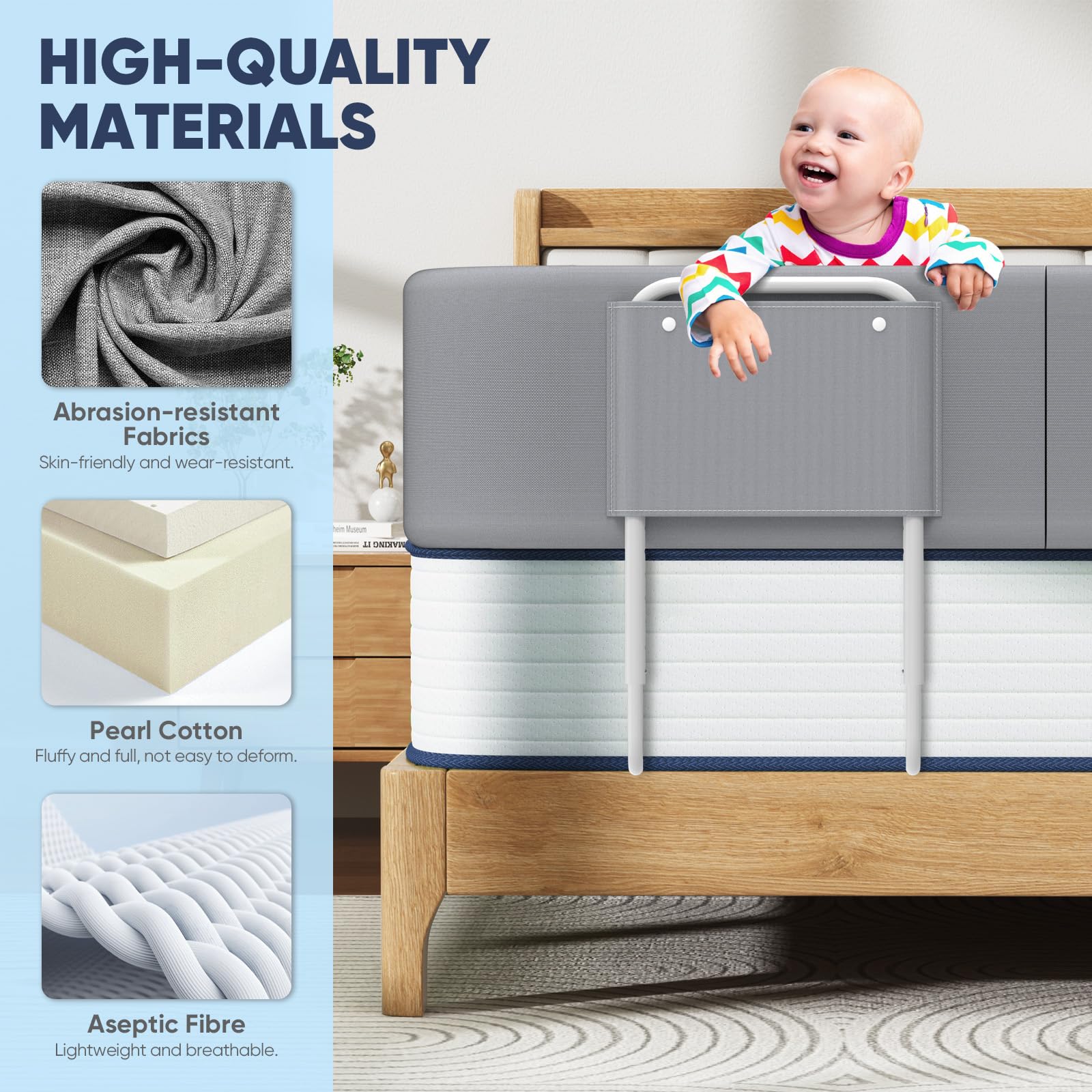 Barra Letto Bambini Anticaduta, 180cm Sponda Letto Bambini, Barriera di Sicurezza Letto per Bambini, Paracolpi Letto, 5 Fori, Regolabile in Altezza, Protezioni Laterali, Lino Grigio