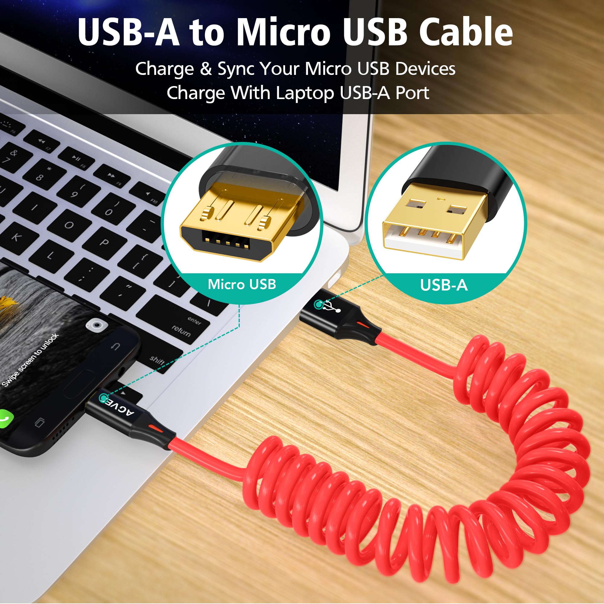 AGVEE Cavo di ricarica a spirale da USB-C a micro USB da 1,5 m, certificato USB-IF, 2 A, ricarica rapida, cavo di sincronizzazione dati per controller Xbox One, PS4, Kindle, vecchio telefono Android