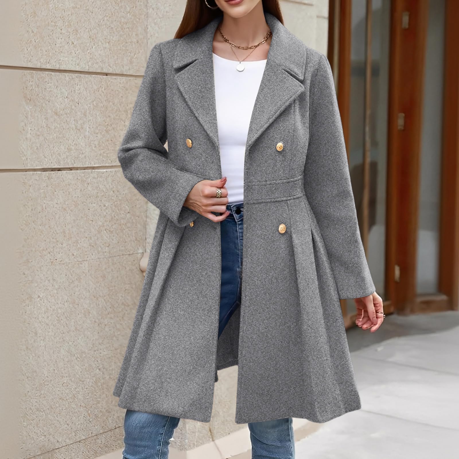 Generisch Trenchcoat Damen Lang Winterjacke Warm Elegant Wollmantel Dicke Oversize Damen-Jacken Umlegekragen Wintermantel Mit Knöpfen Übergangsjacke Frauen A-Linie Mantel Mit Gürtel Wolljacke